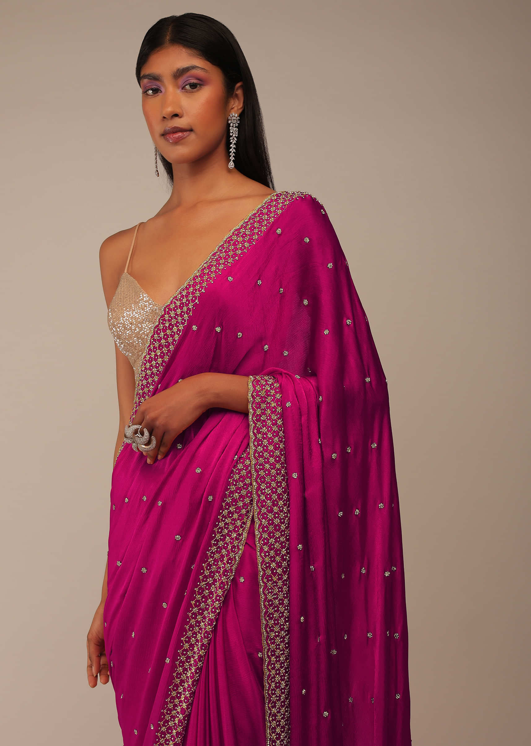 Rani Pink Saree In Stones And Cut Dana Embroidery