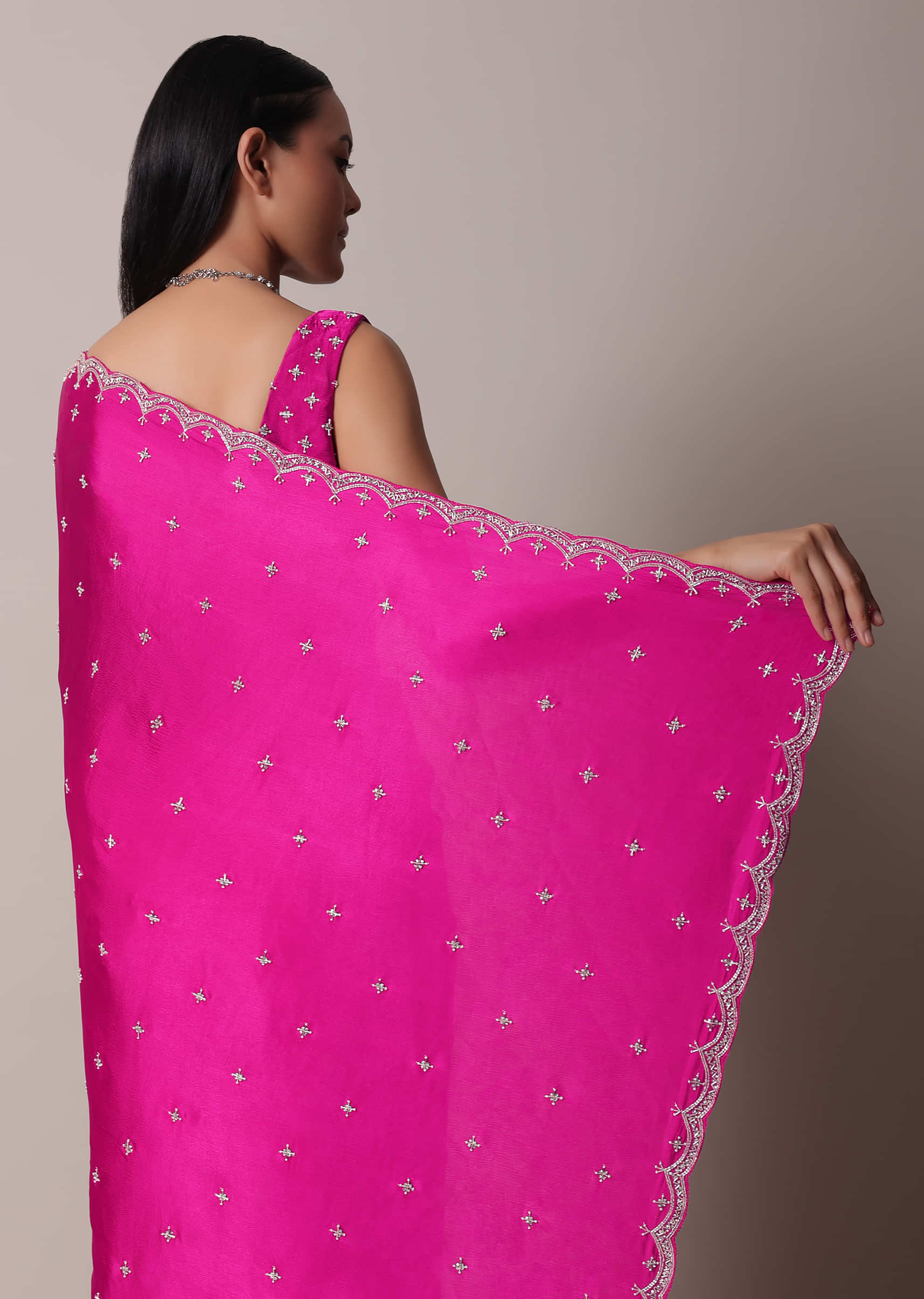 Buy Rani Pink Satin Chinon Saree With Scallop Border And Unstitched Blouse  Piece Kalki Fashion India