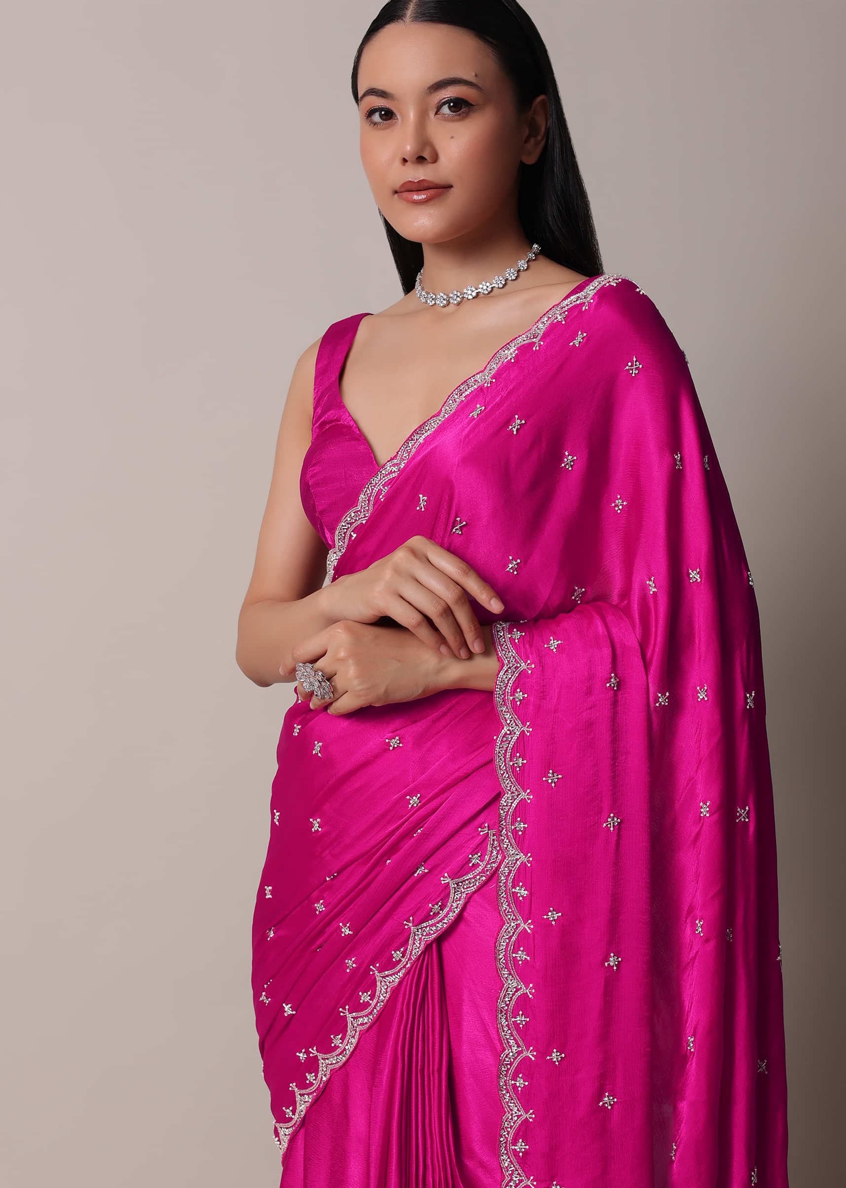 Buy Rani Pink Satin Chinon Saree With Scallop Border And