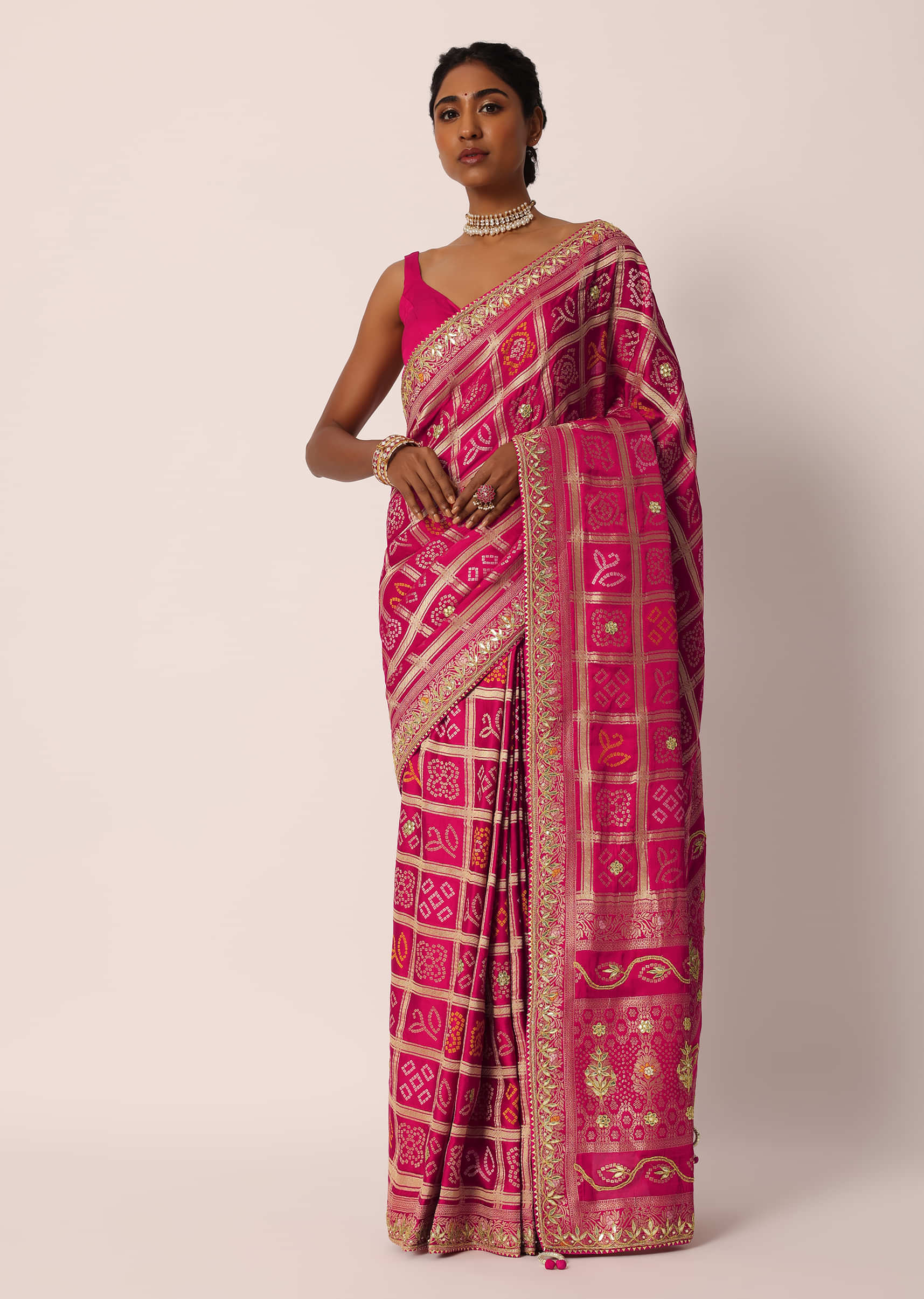 Buy Rani Pink Satin Silk Banarasi Weave Saree With Unstitched Blouse Piece