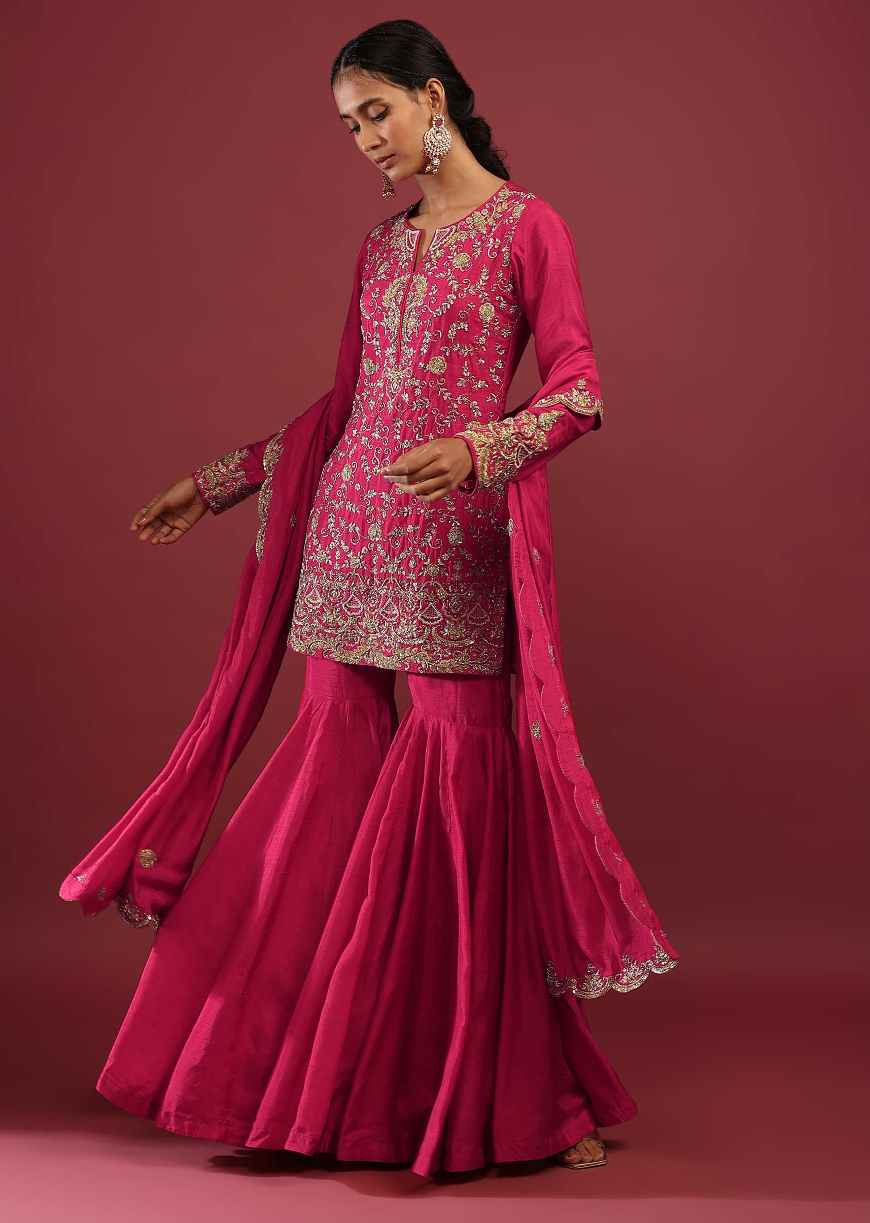 Rani Pink Sharara Suit In Raw Silk With Zardosi And Moti Embroidered Floral Detailing