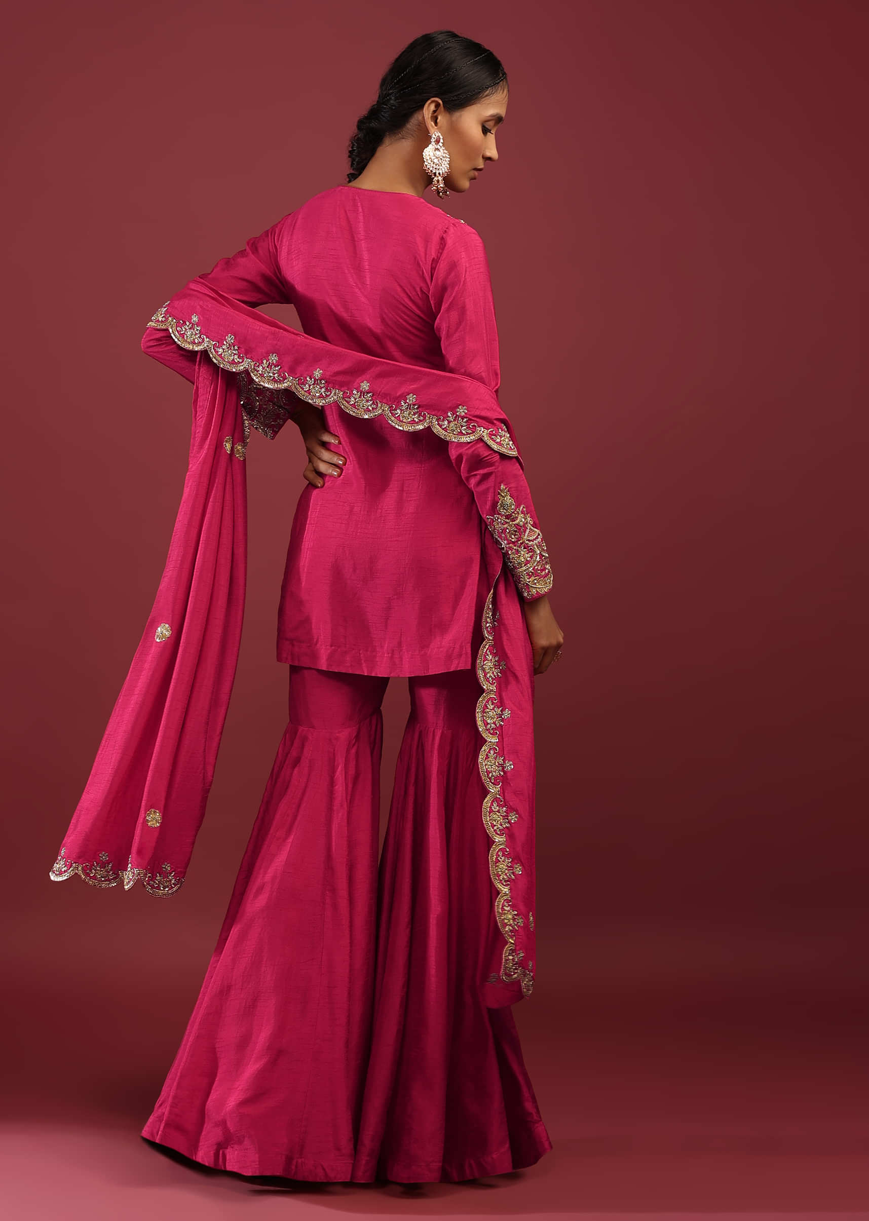 Rani Pink Sharara Suit In Raw Silk With Zardosi And Moti Embroidered Floral Work