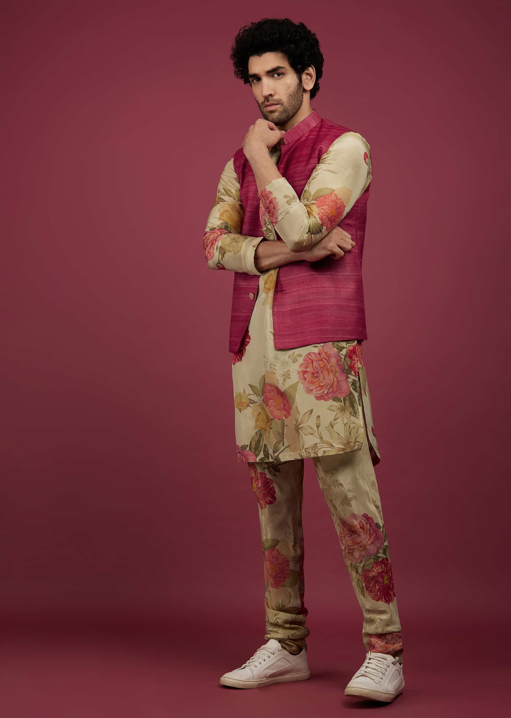 Azalea Pink Silk Bandi Jacket With Tan Brown Printed Kurta Set