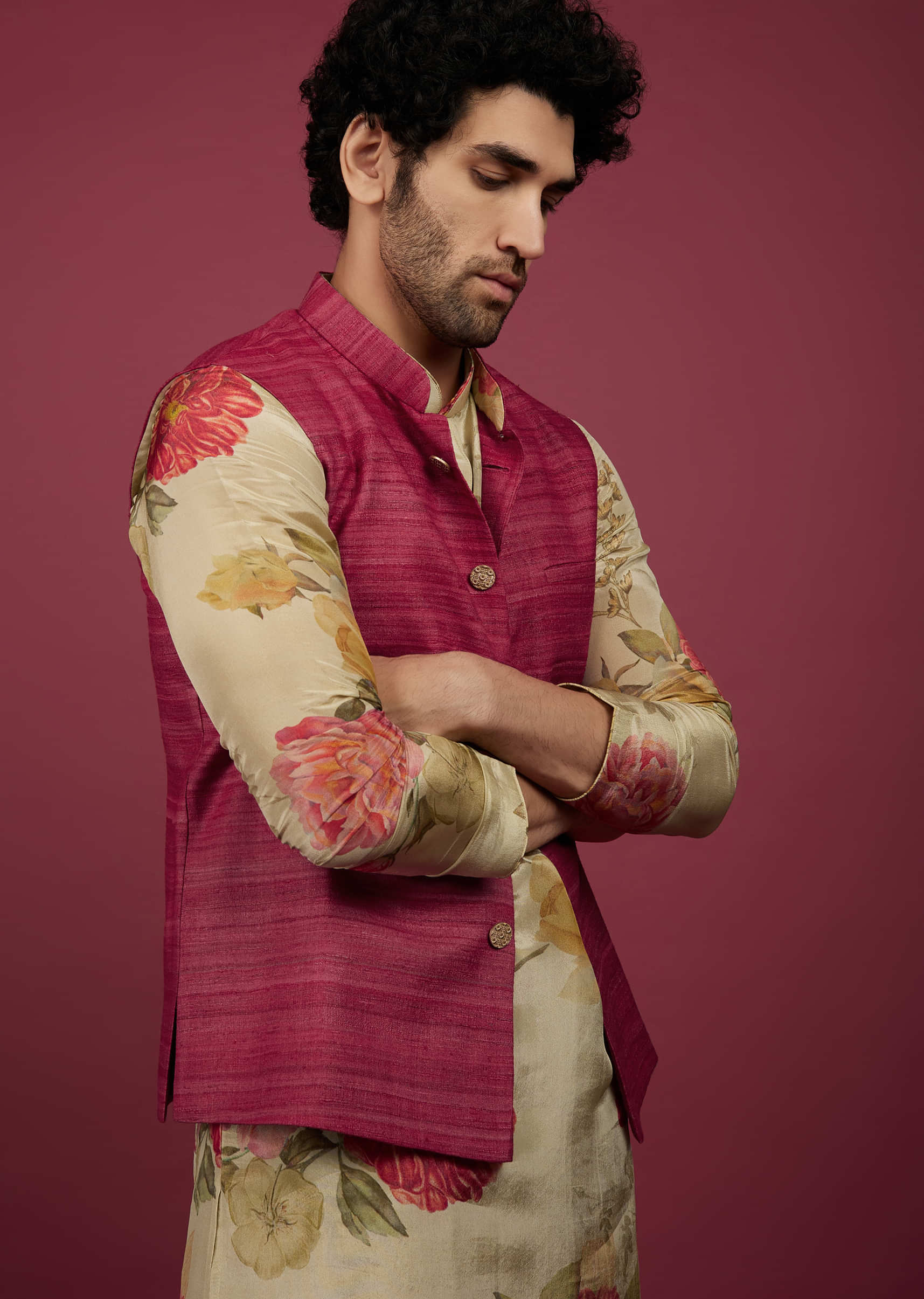 Azalea Pink Silk Bandi Jacket With Tan Brown Printed Kurta Set