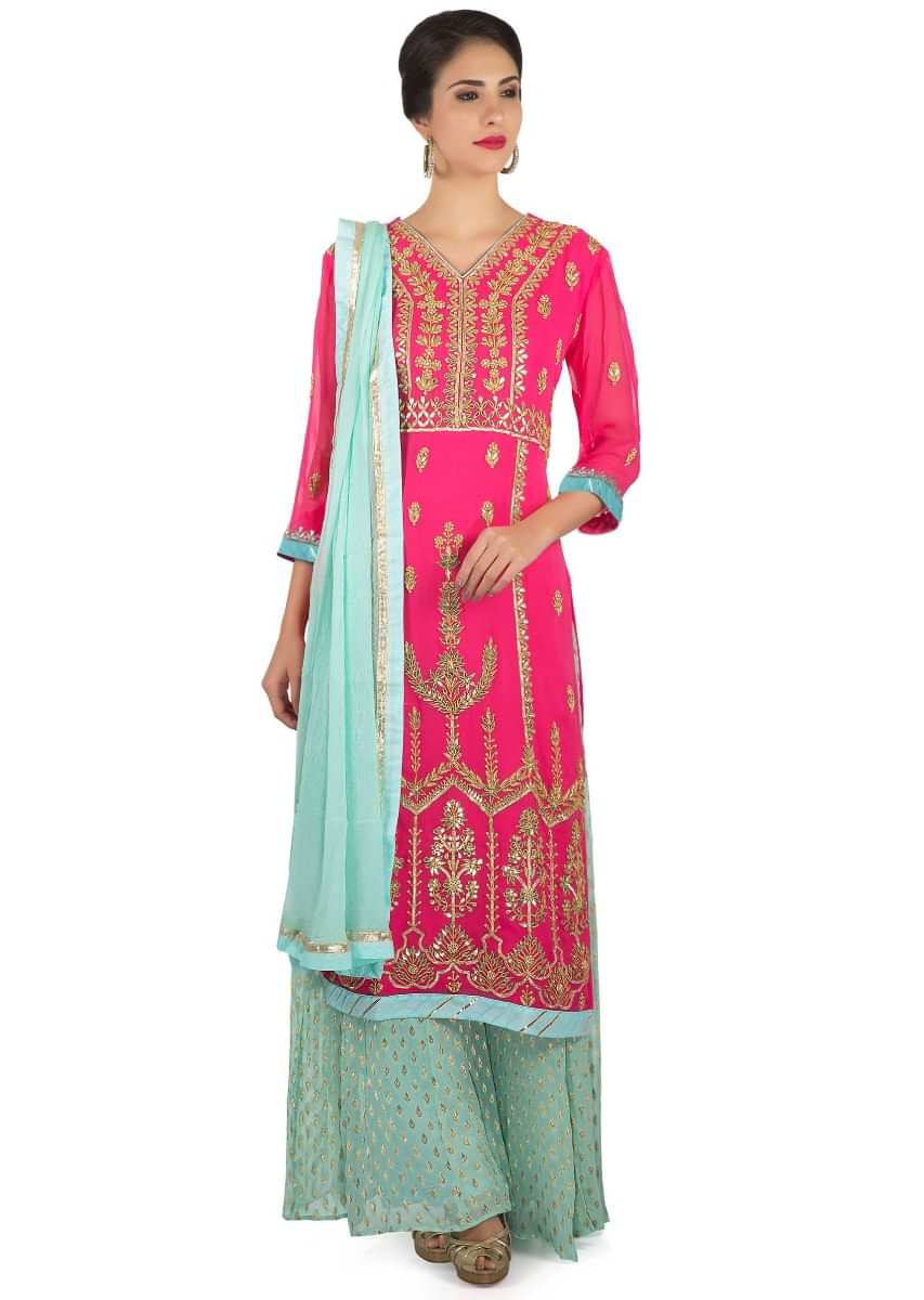 Rani Pink Straight Palazzo Suit In Gotta Lace And Patch Embroidery Online - Kalki Fashion