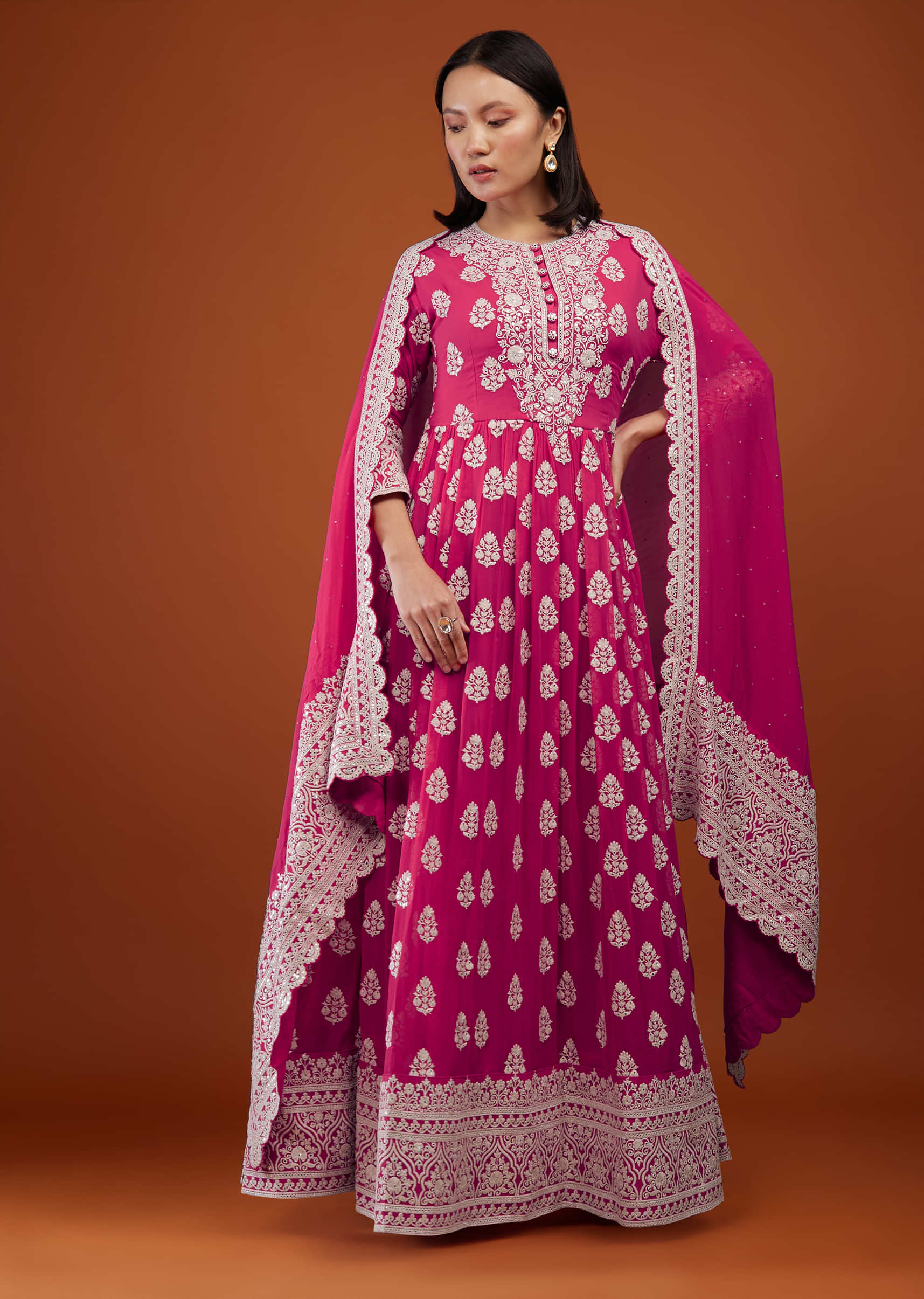 Rasberry Sorbet Pink Embroidered Anarkali Suit In Georgette