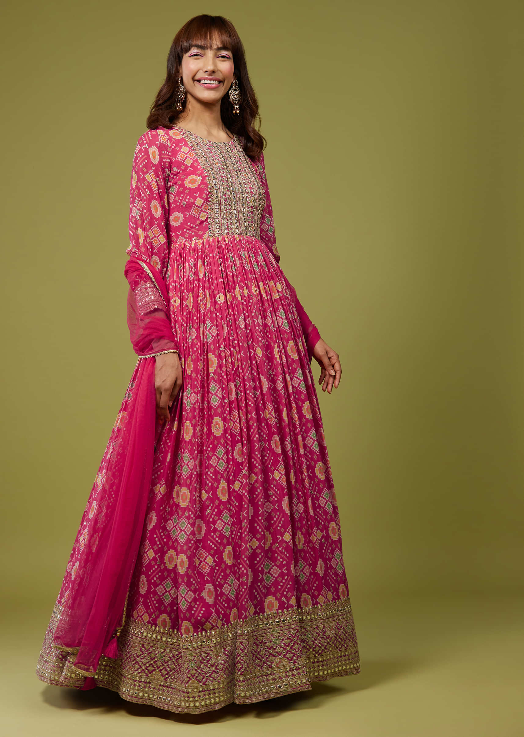 Fuschia Pink Silk Anarkali Suit In Patola Print