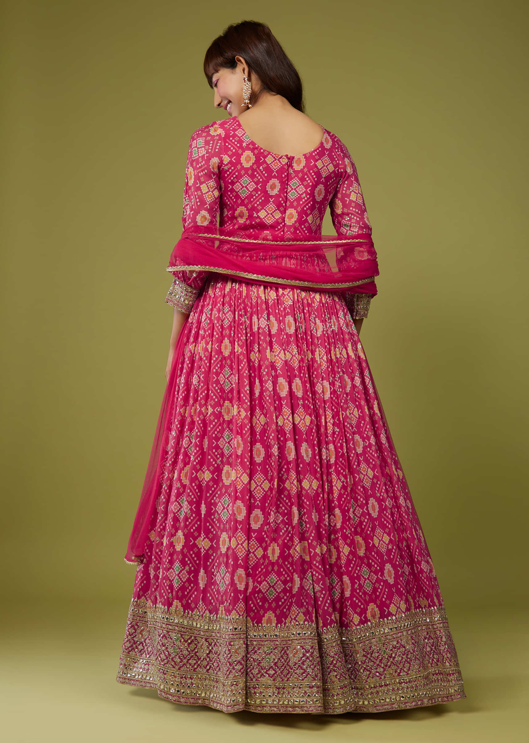 Fuschia Pink Silk Anarkali Suit In Patola Print