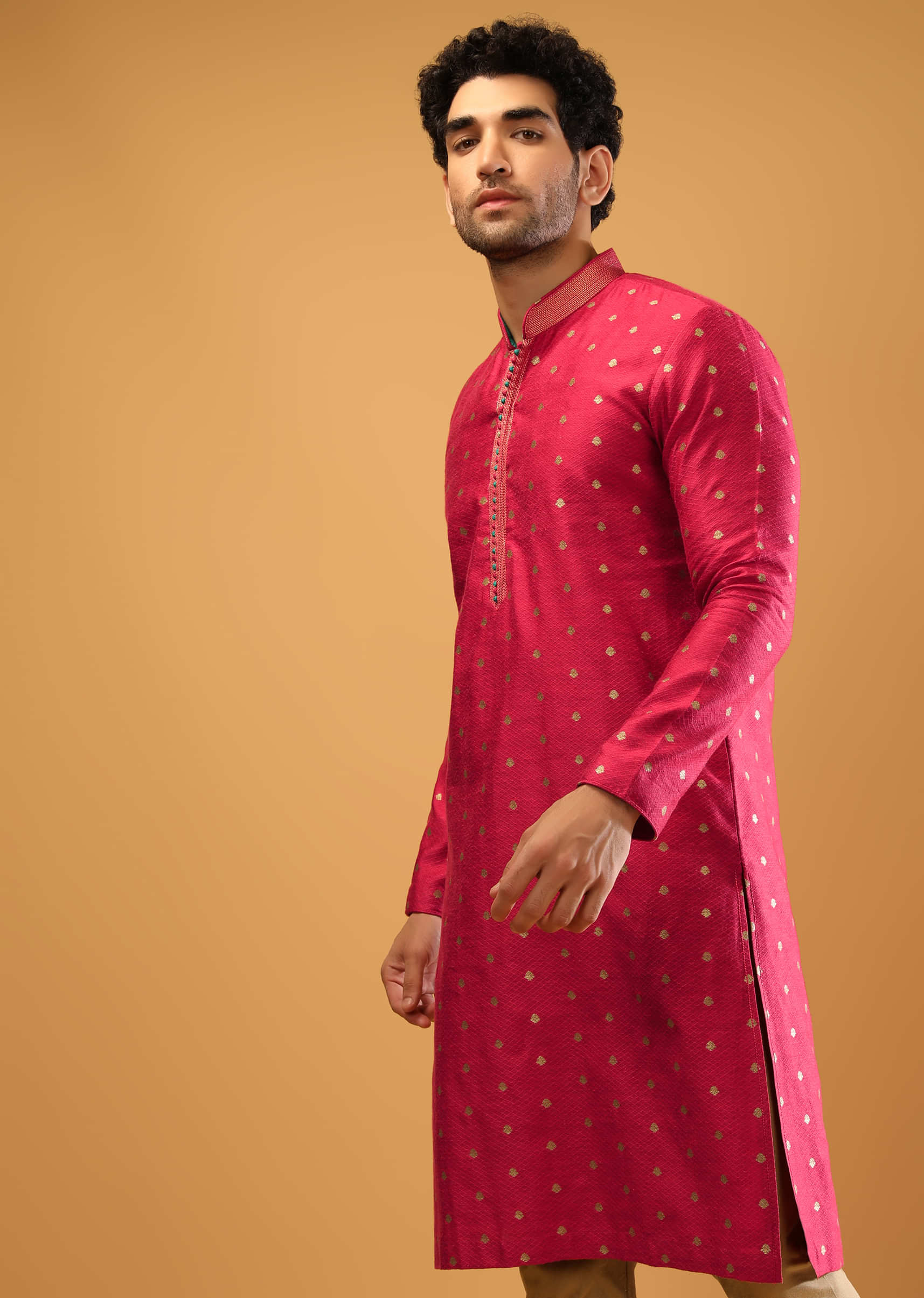 Raspberry Red Kurta Set In Silk With Self Mesh Design And Golden Woven Buttis  