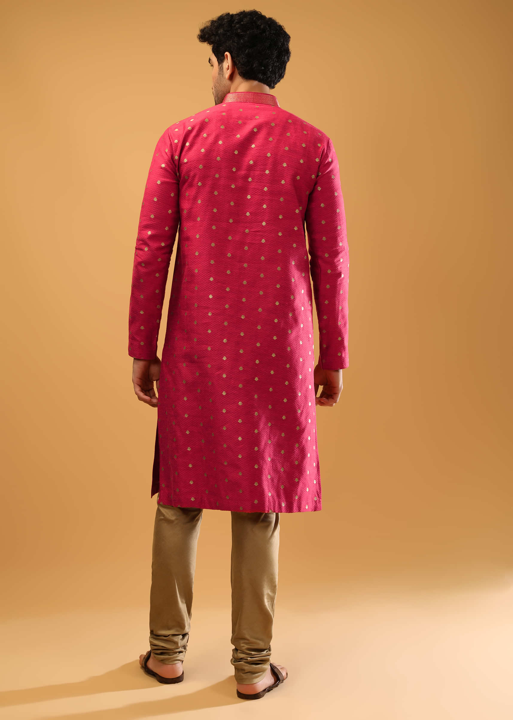 Raspberry Red Kurta Set In Silk With Self Mesh Design And Golden Woven Buttis  