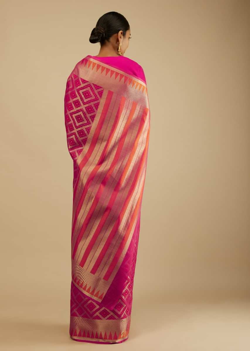 Raspberry Pink Saree In Organza Silk With Gold And Orange Brocade Woven Geometric Jaal Design And Unstitched Blouse  