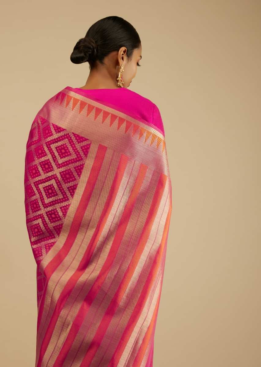 Raspberry Pink Saree In Organza Silk With Gold And Orange Brocade Woven Geometric Jaal Design And Unstitched Blouse  