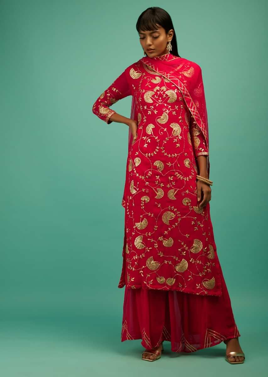 Raspberry Red Palazzo Suit In Georgette With Zari Embroidered Floral Jaal Design  