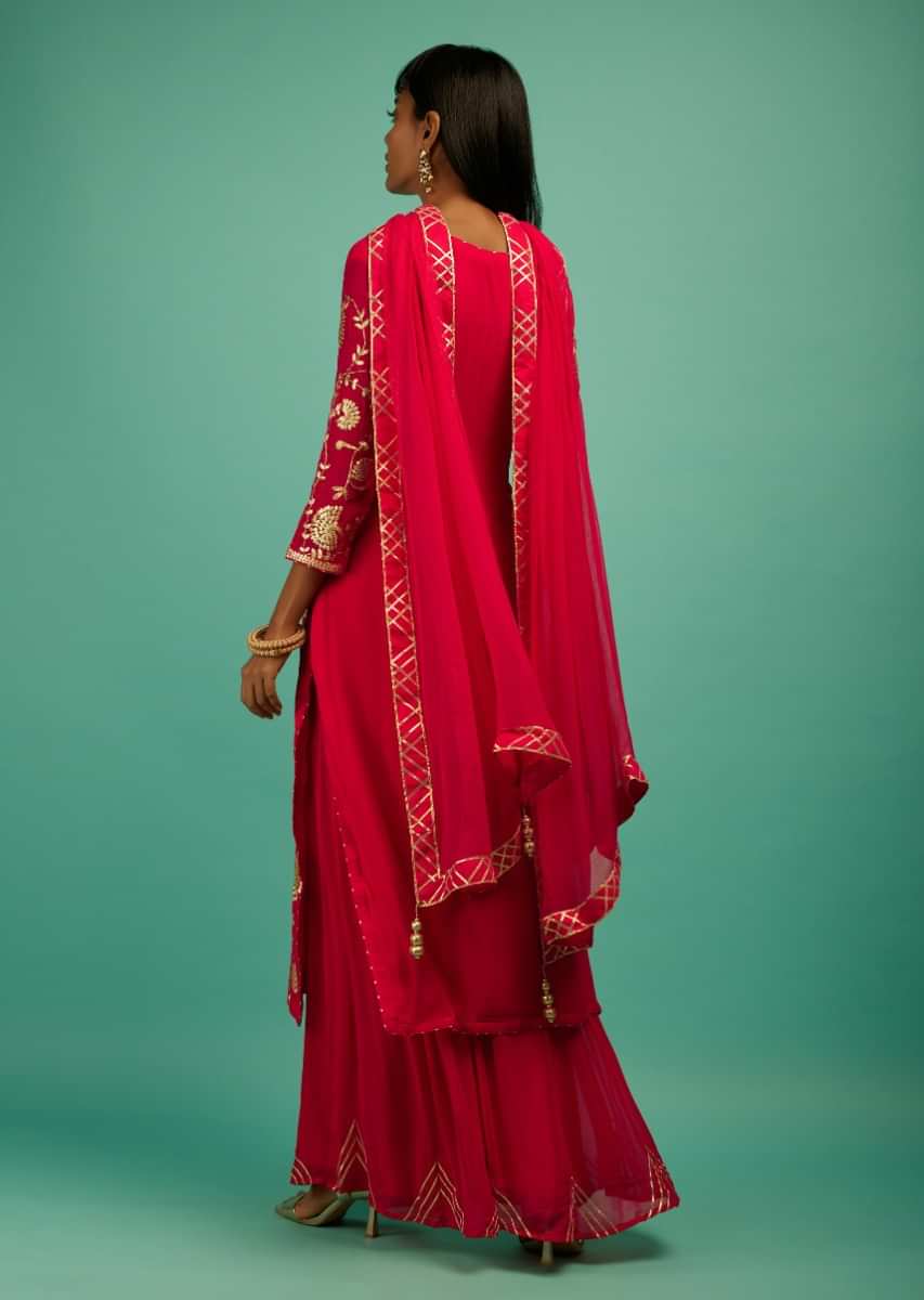 Raspberry Red Palazzo Suit In Georgette With Zari Embroidered Floral Jaal Design  