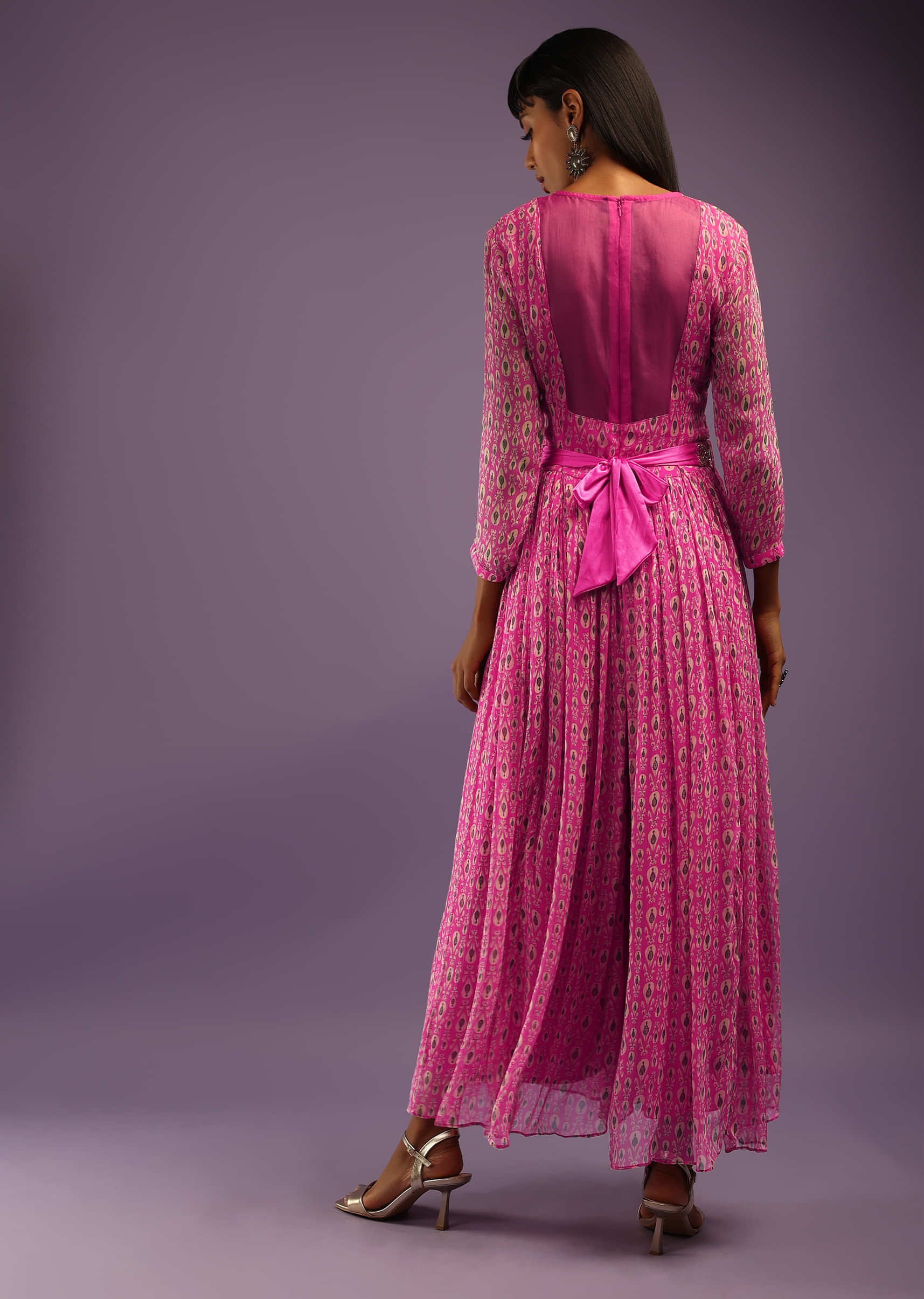 Raspberry Rose Pink Jumpsuit In Georgette With All Over Print And Zari Highlights On The Bodice 