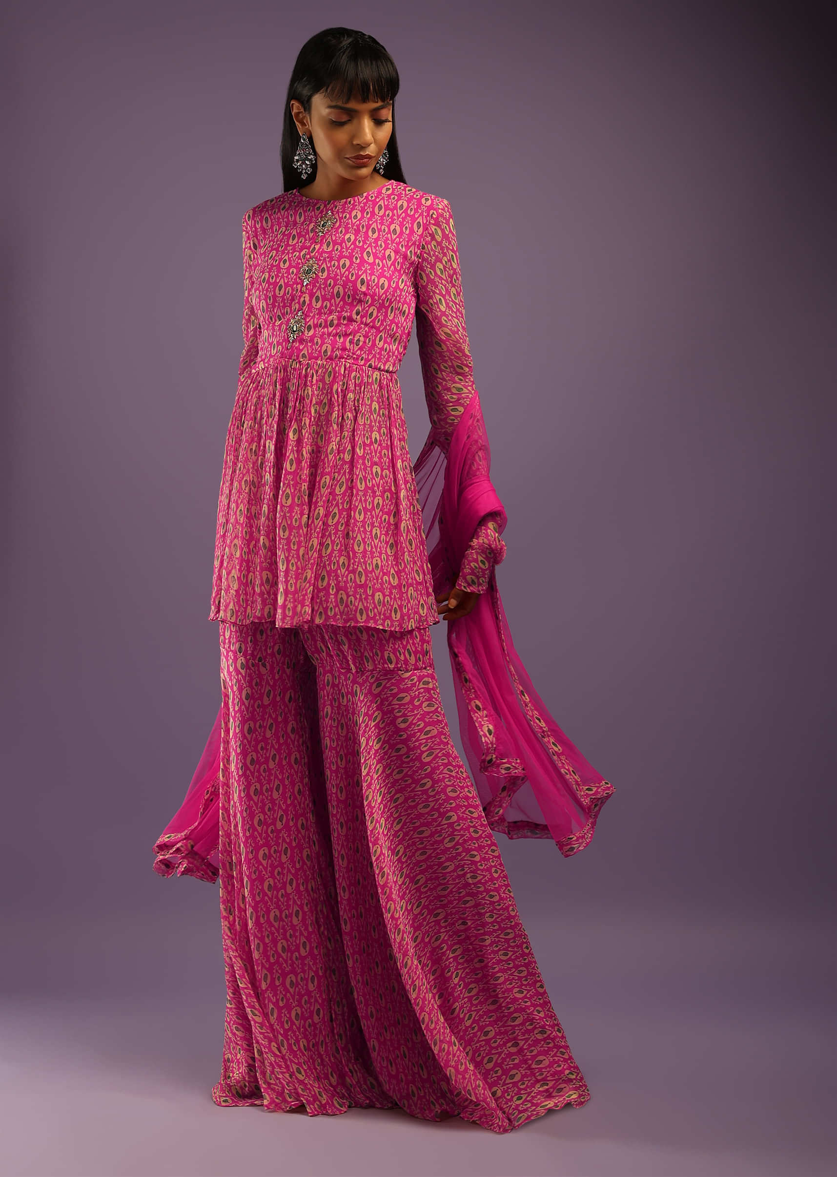 Raspberry Rose Pink Sharara Suit In Georgette With All Over Print And Churidar Sleeves  