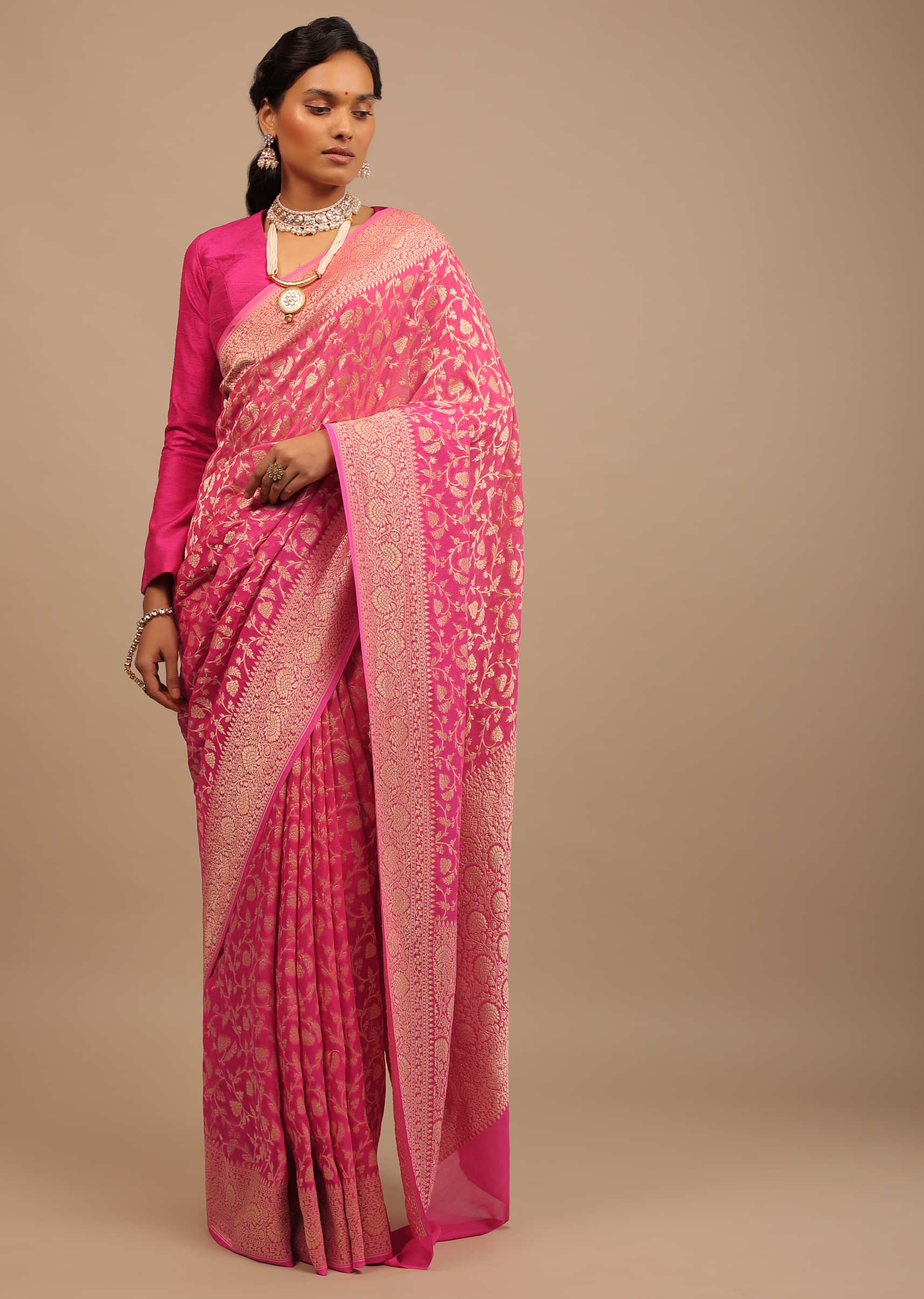 Cherry Pink Traditional Saree With Woven Jaal Made In Georgette