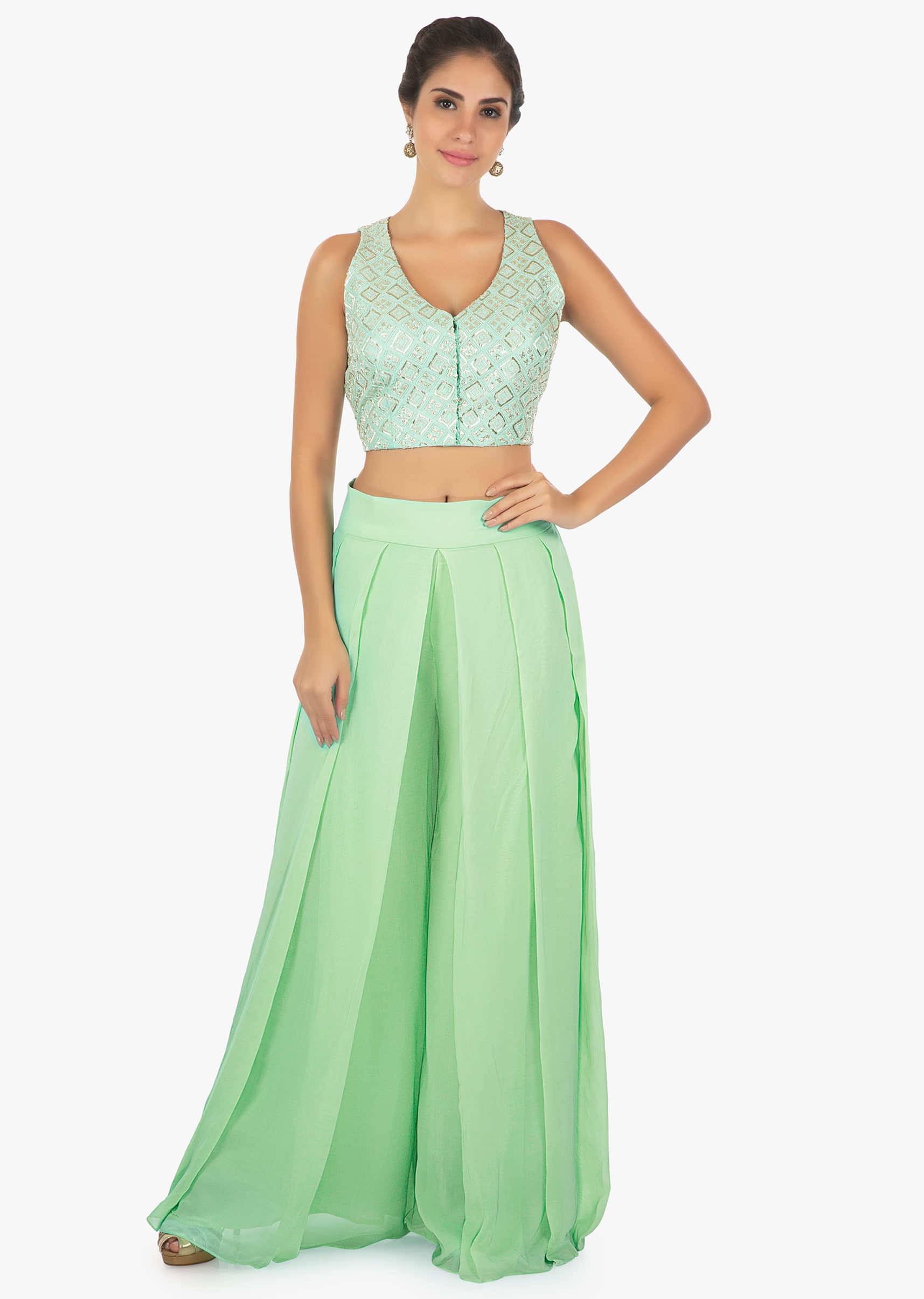Sea Green Blouse In Raw Silk With Cut Dana And Moti Work And Matching Georgette Palazzo Pants Online - Kalki Fashion