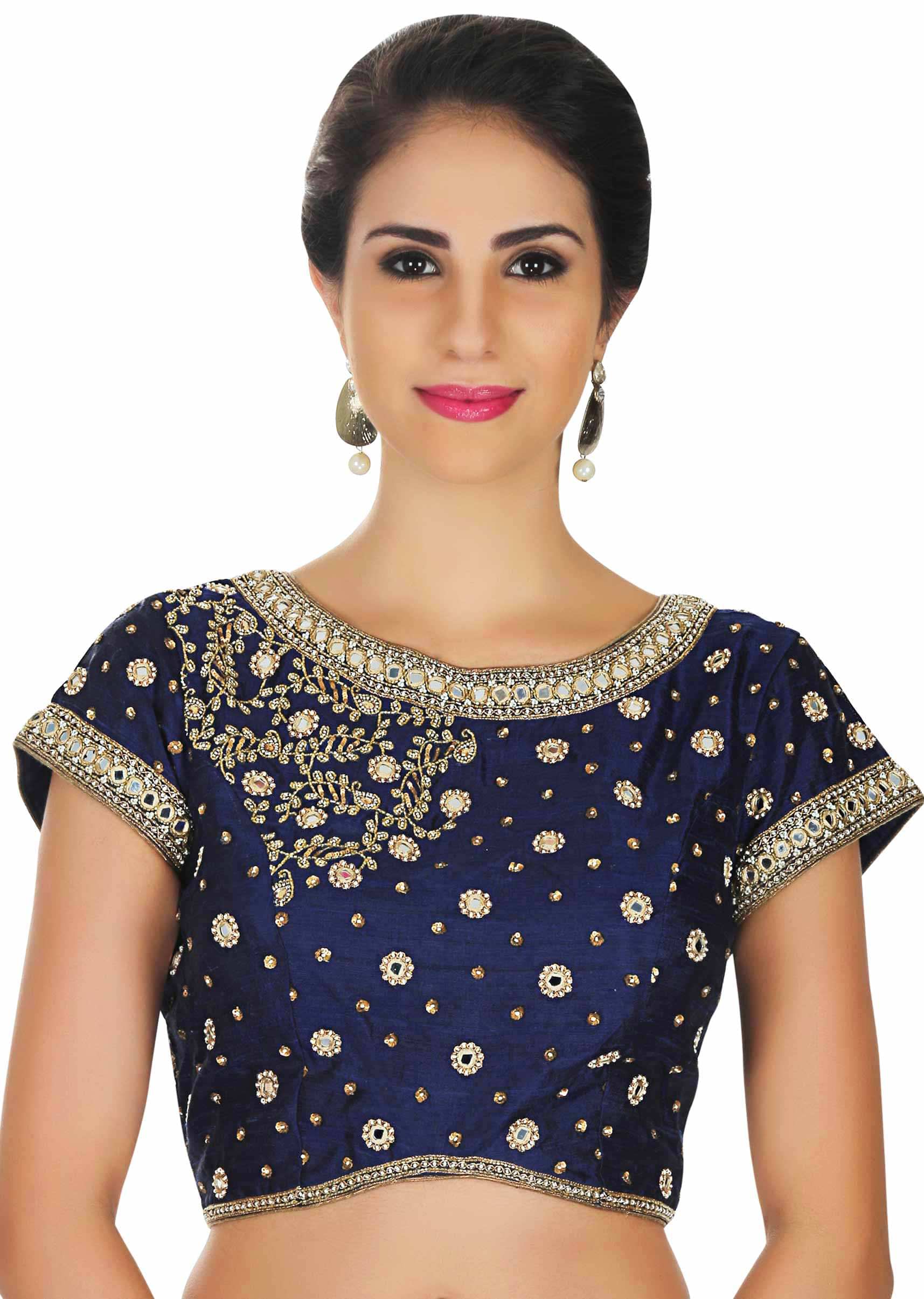Raw silk blouse in navy blue with mirror embroidery only on Kalki