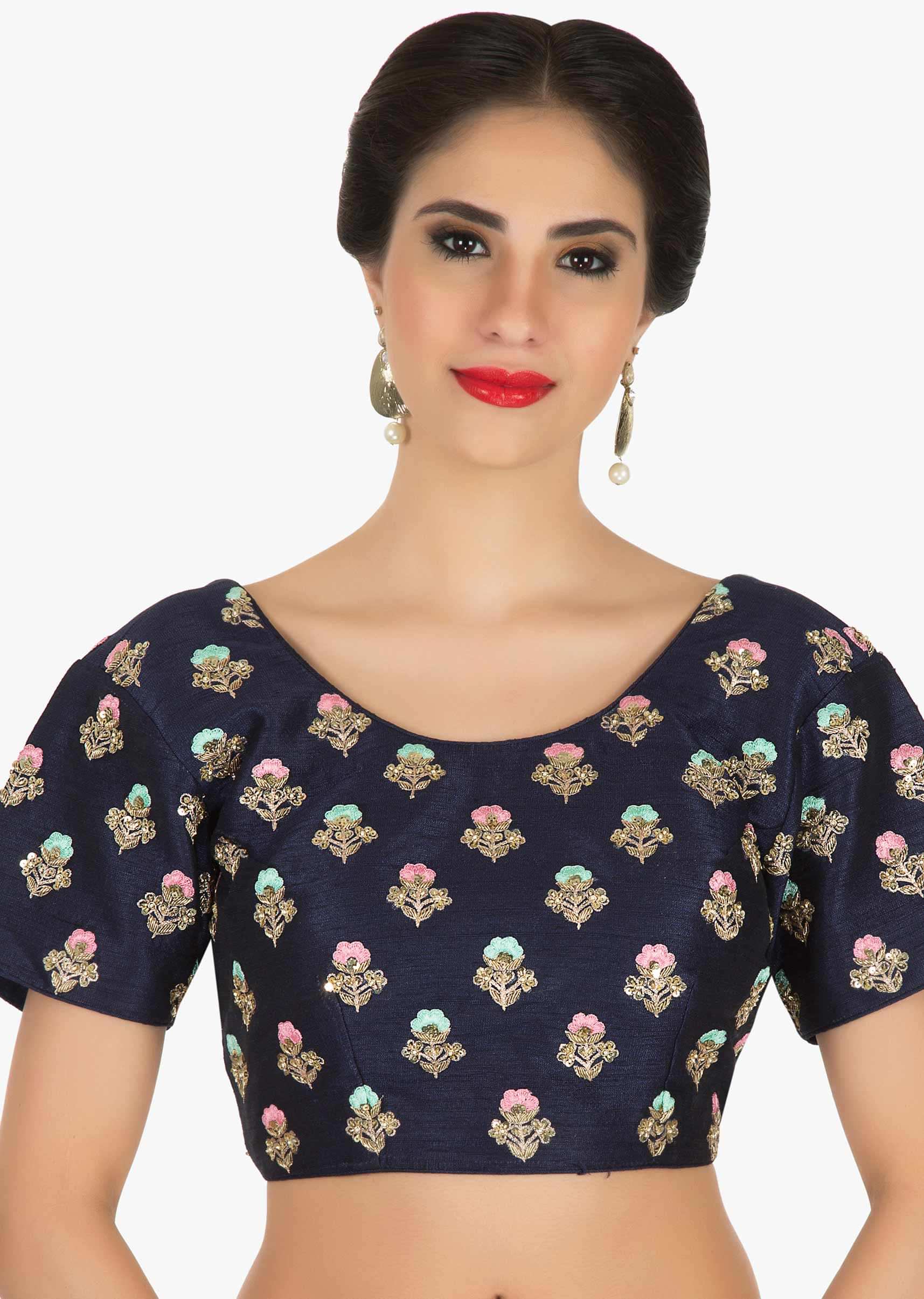 Raw silk blouse in navy blue with resham and zardosi embroidered butti only on Kalki