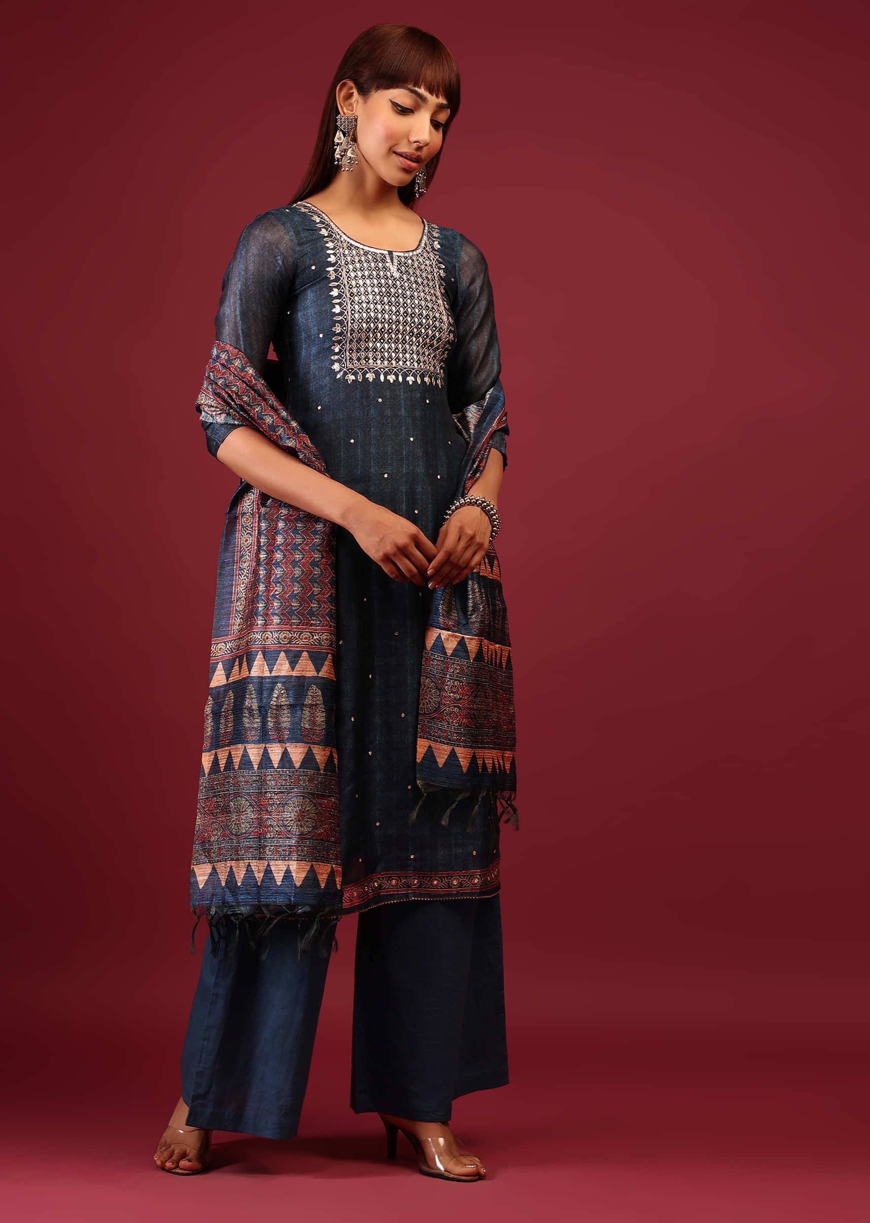 Real Teal Blue Palazzo Suit In Tussar Silk With Ajrakh Handblock Print And Embroidery