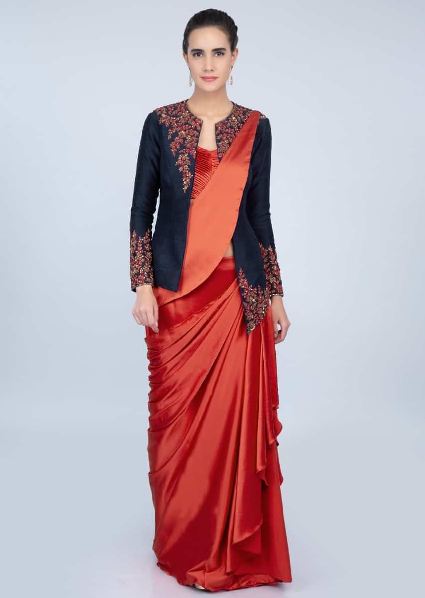 Rebel Red Ready Plated Saree In Satin With Pleated Strap Blouse And Navy Blue Raw Silk Jacket Online - Kalki Fashion