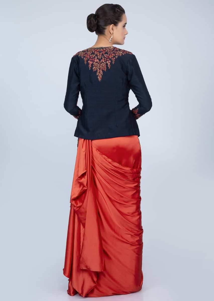 Rebel Red Ready Plated Saree In Satin With Pleated Strap Blouse And Navy Blue Raw Silk Jacket Online - Kalki Fashion
