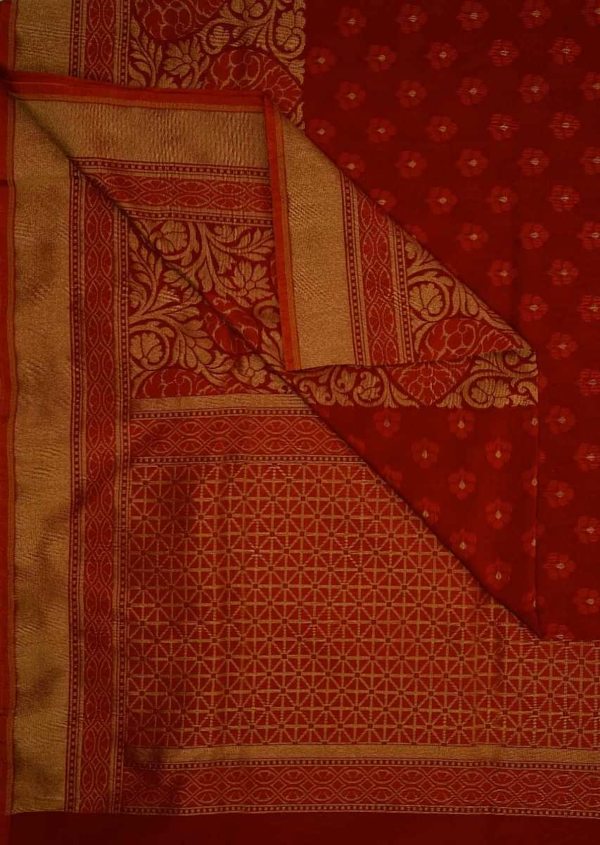 Red  chanderi silk saree with Floral  weaved work