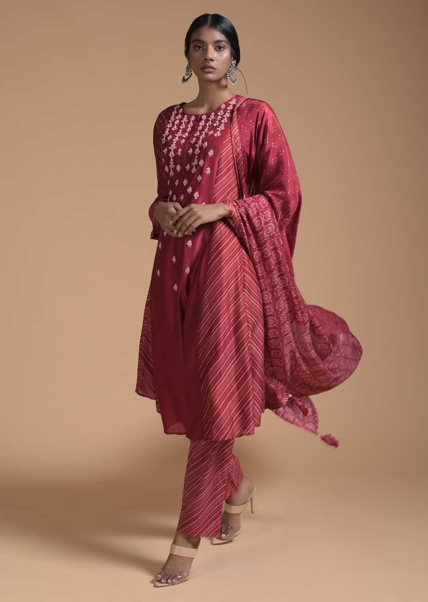 Red A Line Suit In Cotton With Printed Stripes In The Sides And Sequins Embroidery  