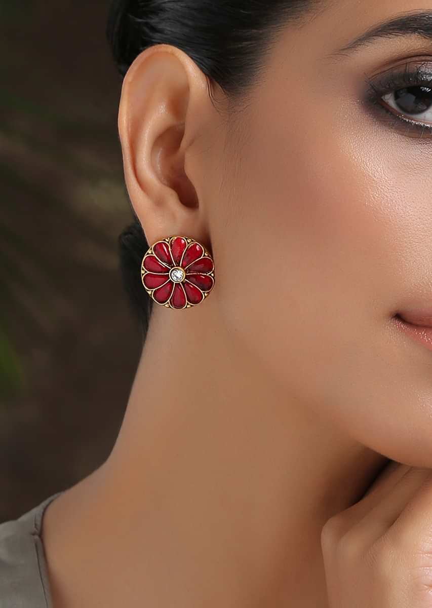 Red And Gold Stud Earrings In Floral Shape Studded With Ruby Red Stones And Kundan By Paisley Pop