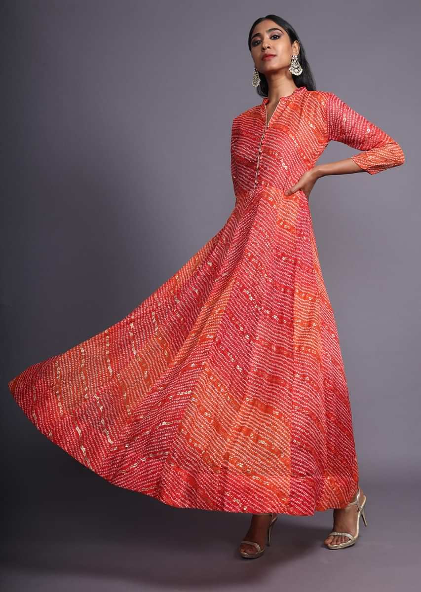 Red And Orange Shaded Anarkali Dress With Bandhani And Foil Print In Chevron Pattern  