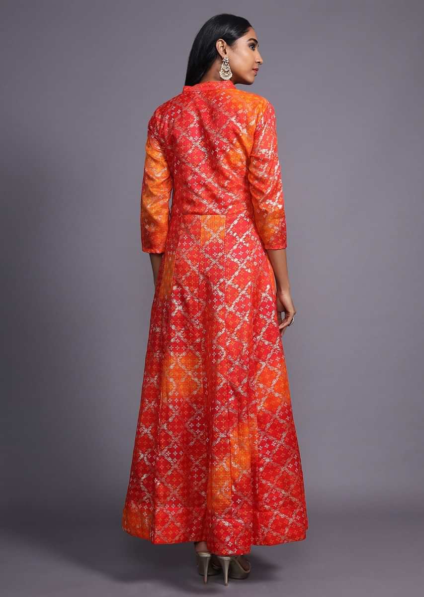 Red And Orange Shaded Anarkali Dress With Bandhani Printed Buttis And Foil Printed Check Design  