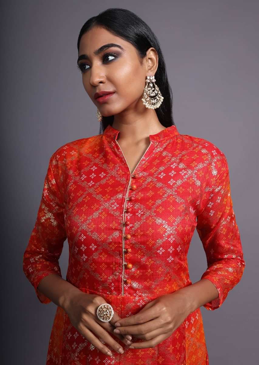 Red And Orange Shaded Anarkali Dress With Bandhani Printed Buttis And Foil Printed Check Design  