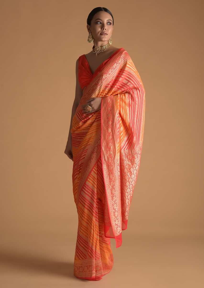 Coral And Yellow Shaded khaddi Georgette Saree With Weaved Work In Floral Motif And Stripes Online - Kalki Fashion