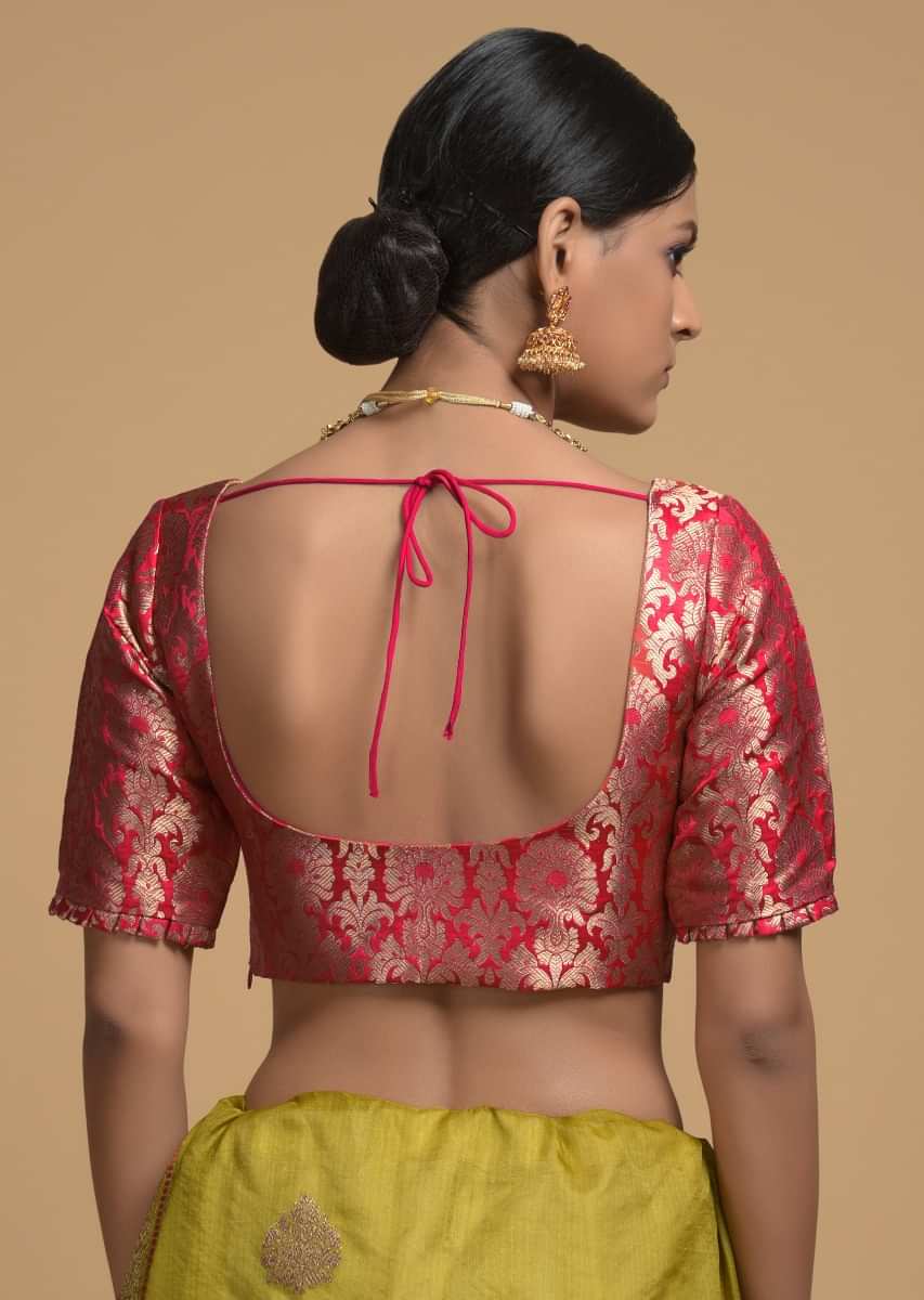 Red Blouse In Brocade Silk With Pleated Frill On the Sleeves Online - Kalki Fashion