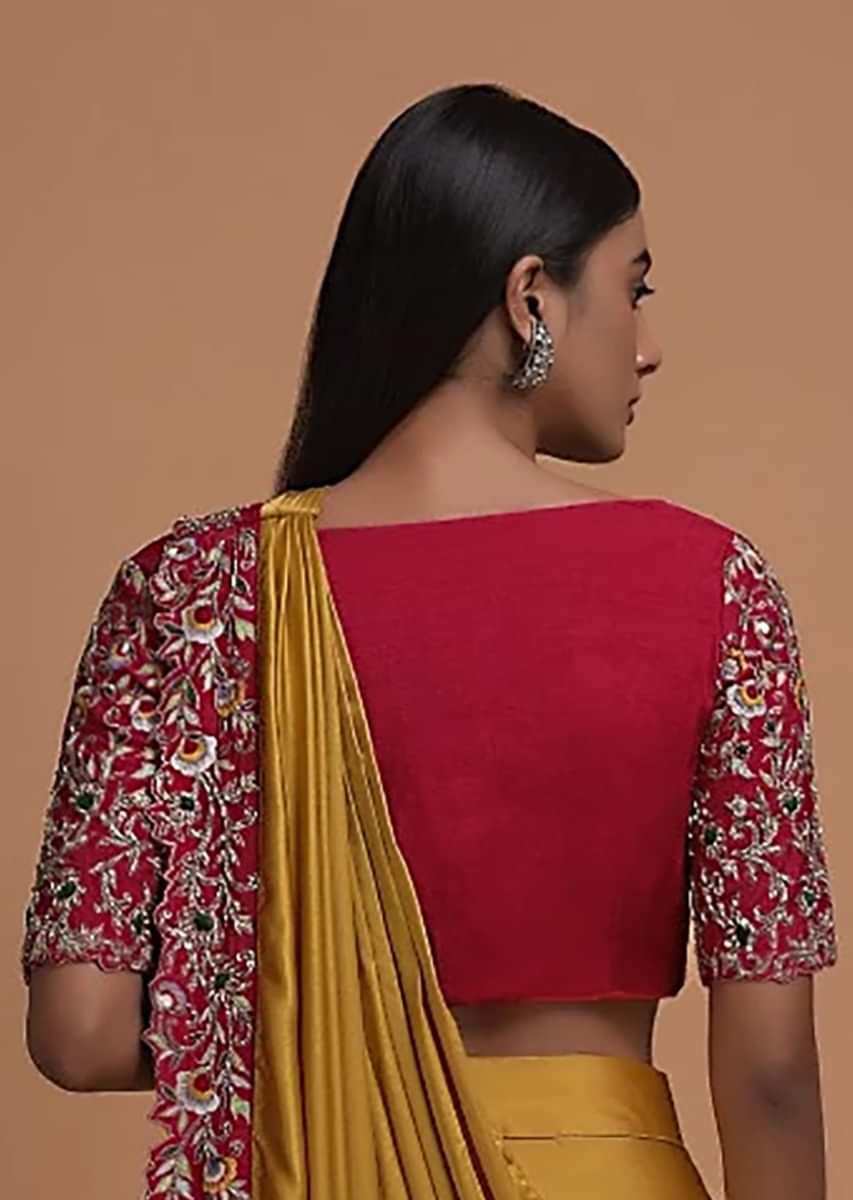 Red Blouse In Raw Silk With Resham And Zardozi Embroidered Floral Jaal