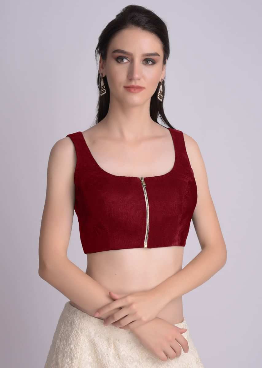 Red Blouse In Velvet With Front Zip Opening