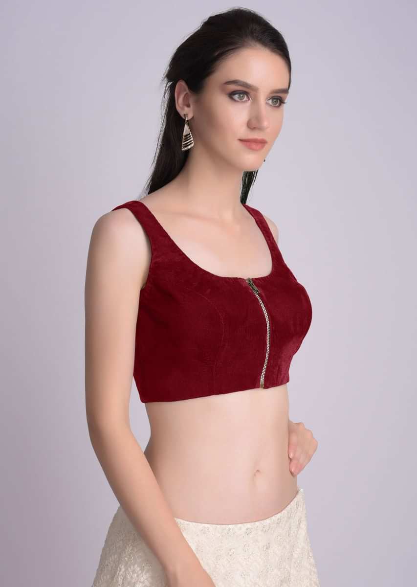 Red Blouse In Velvet With Front Zip Opening