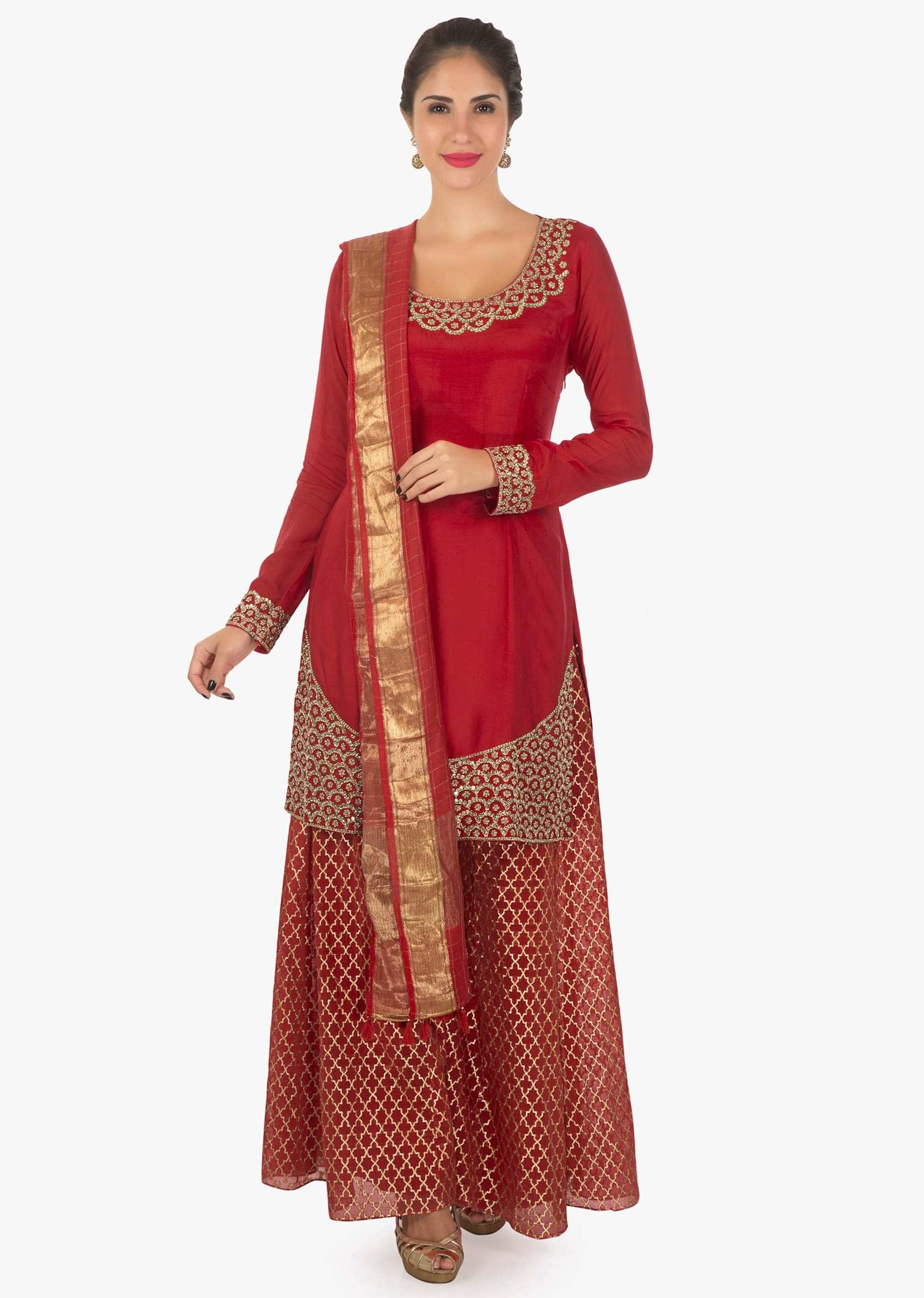Red chanderi cotton kurti    matched with brocade  palazzo and a red dupatta  only on kalki