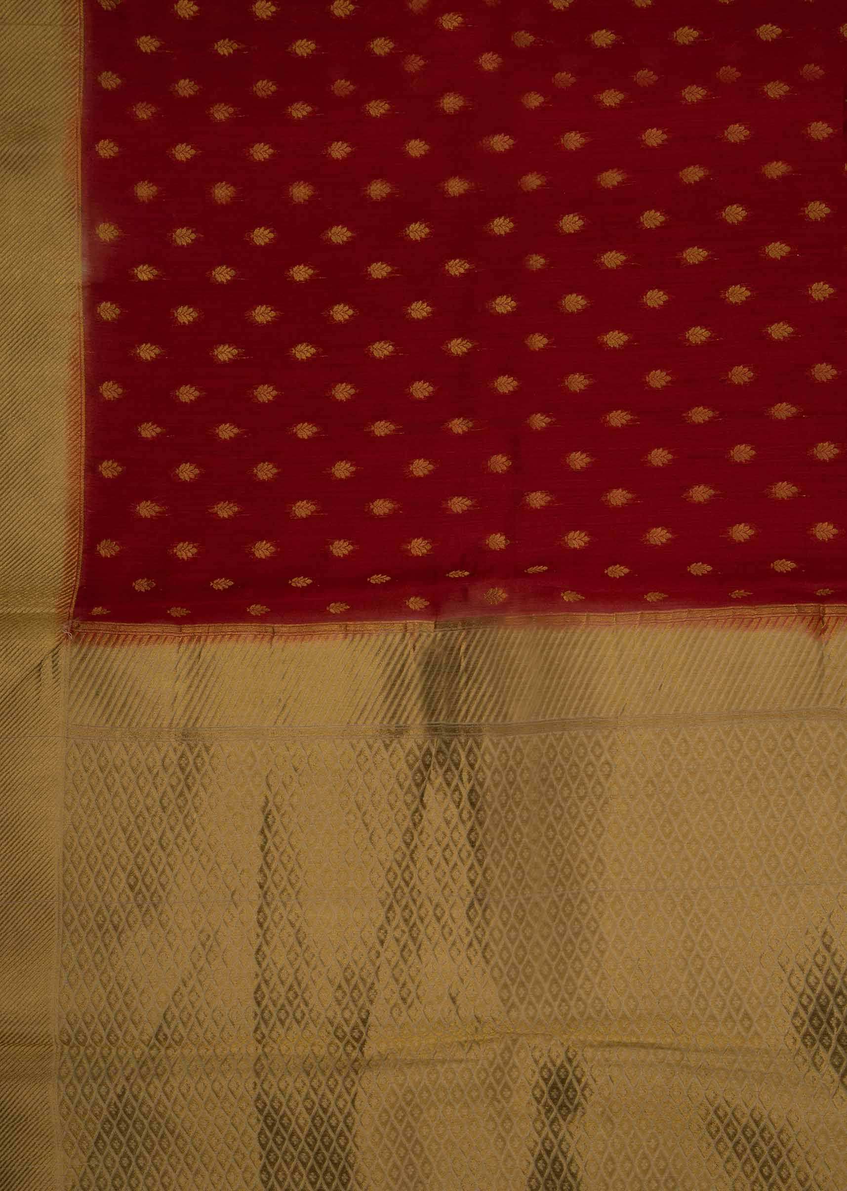 Red chanderi silk saree in butti work and a brocade pallo