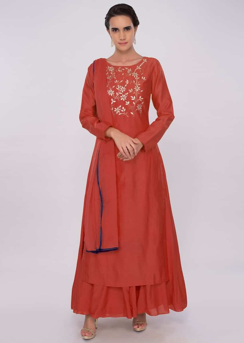  Red cotton silk suit with floral embroidered top layer 