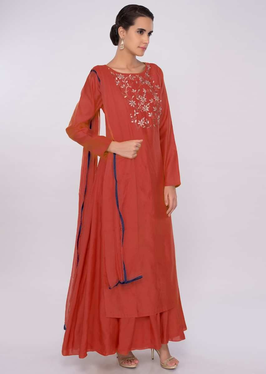  Red cotton silk suit with floral embroidered top layer 