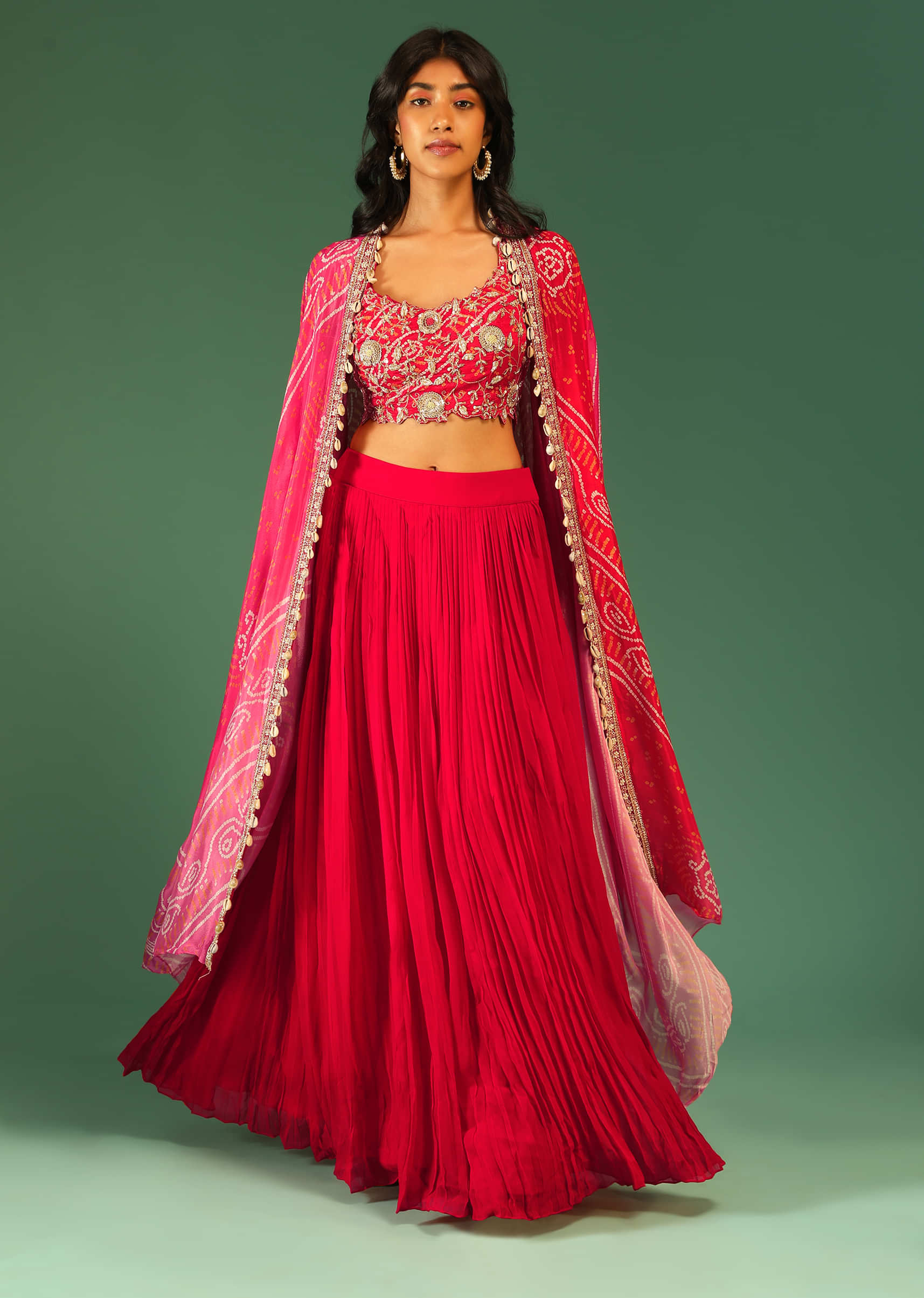 Red Crop Top Skirt Set With Sequins And Zari Embroidery And A Shaded Bandhani Printed Jacket 