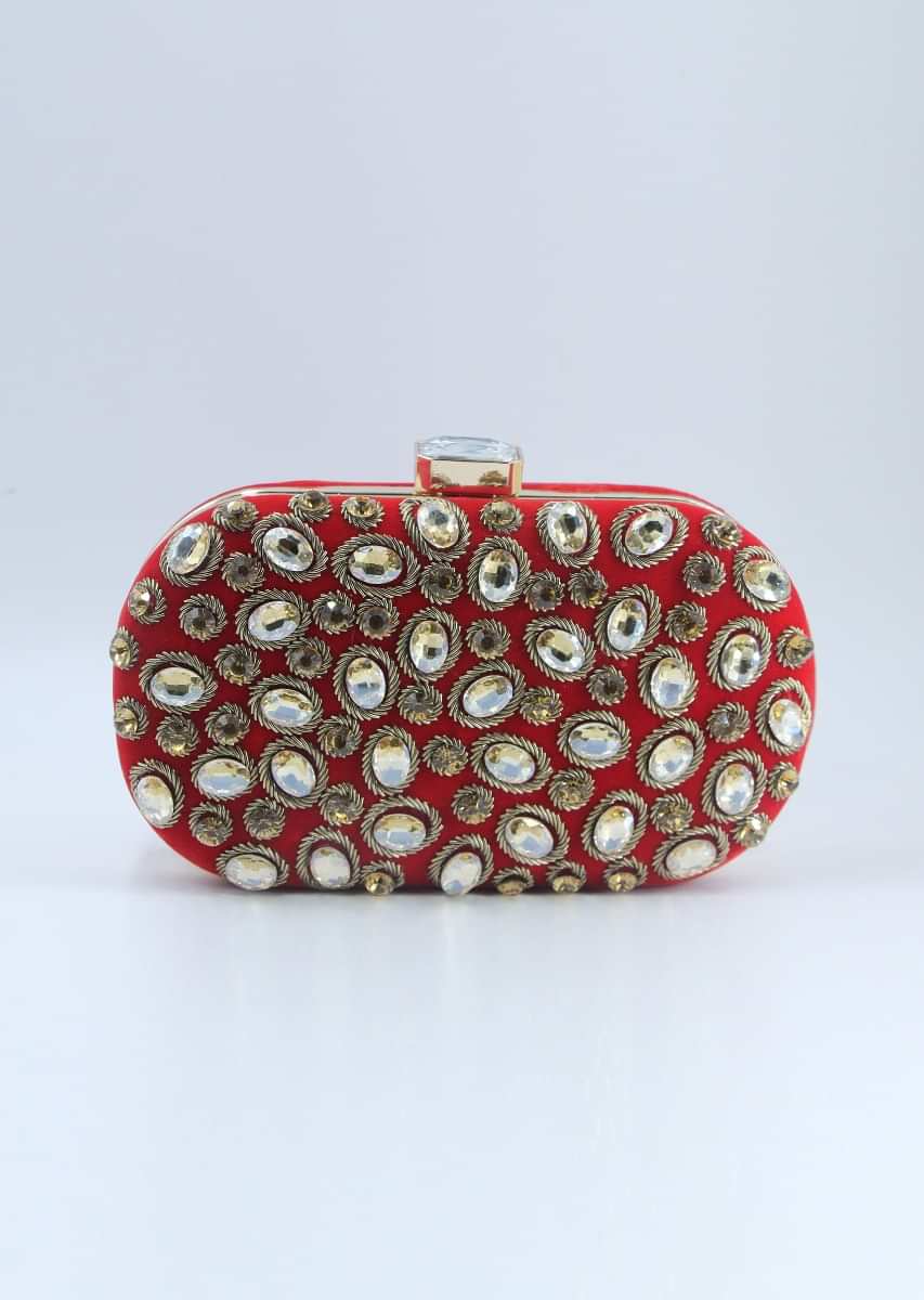 Red curve box clutch in chanton flat back beads