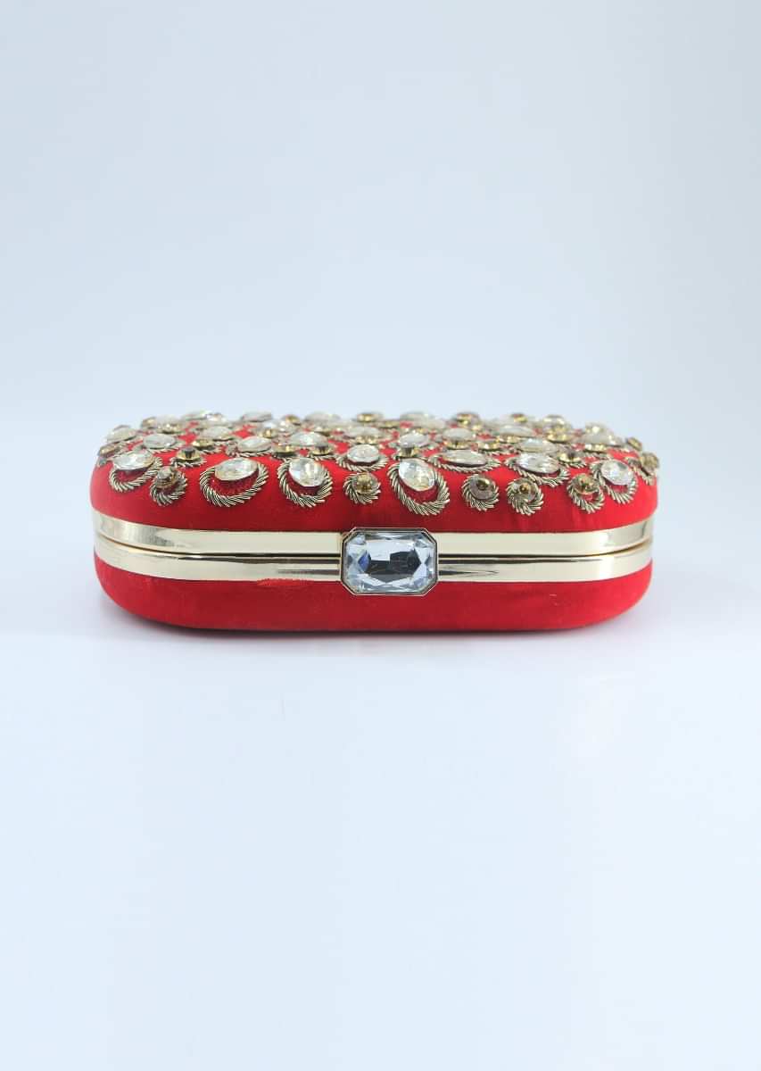 Red curve box clutch in chanton flat back beads