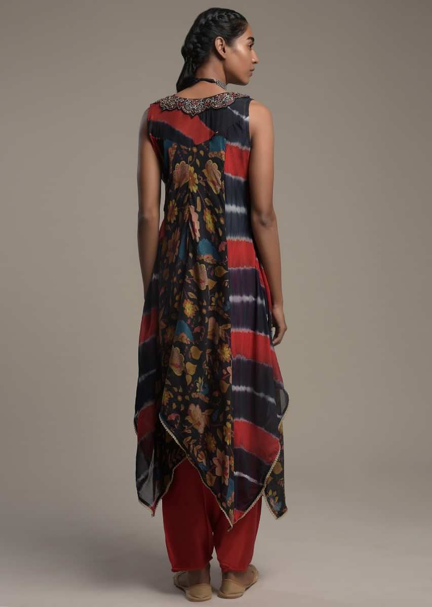 Red Dhoti Suit With A Navy Blue And Red Lehariya And Floral Printed Jacket 