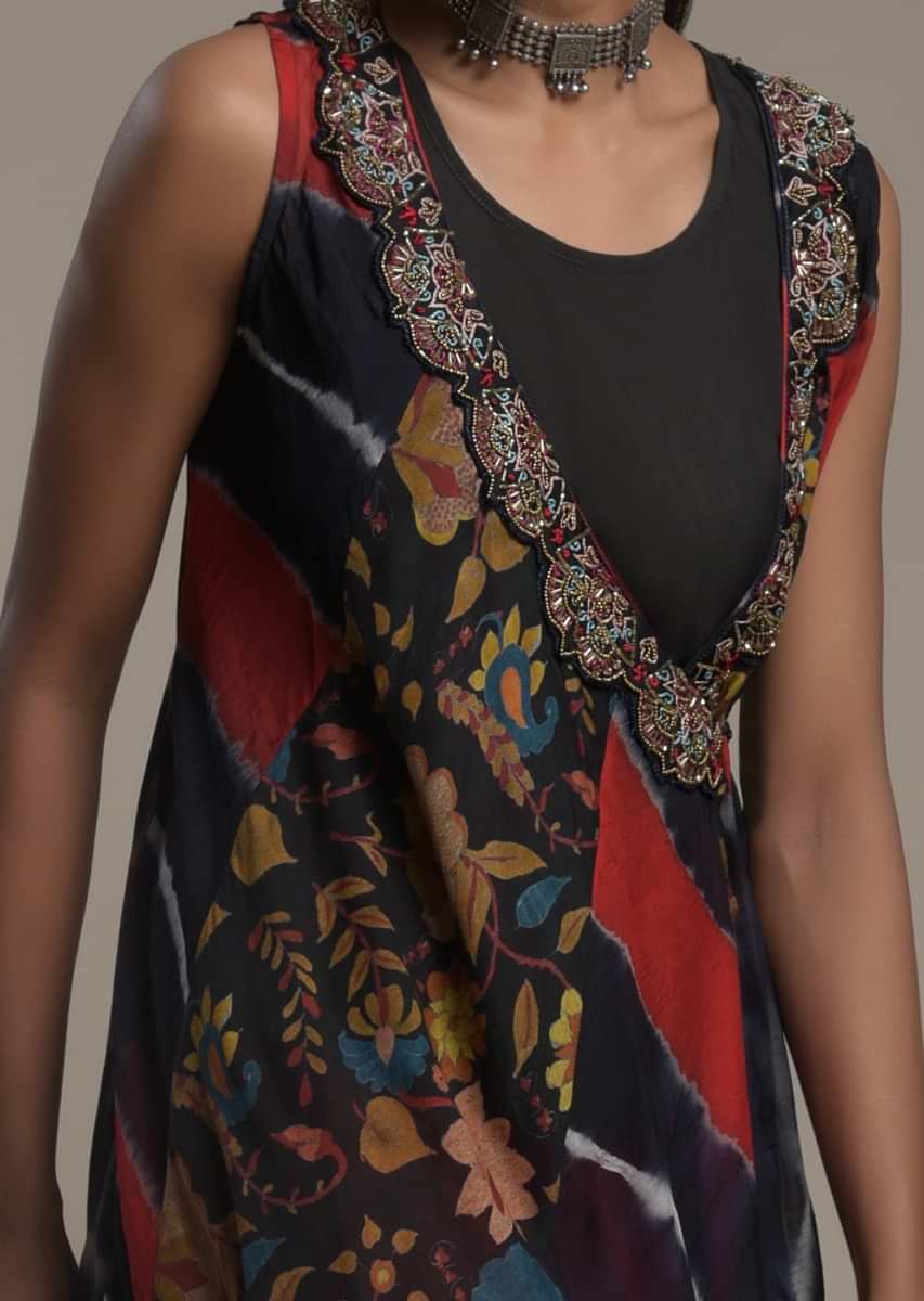 Red Dhoti Suit With A Navy Blue And Red Lehariya And Floral Printed Jacket 