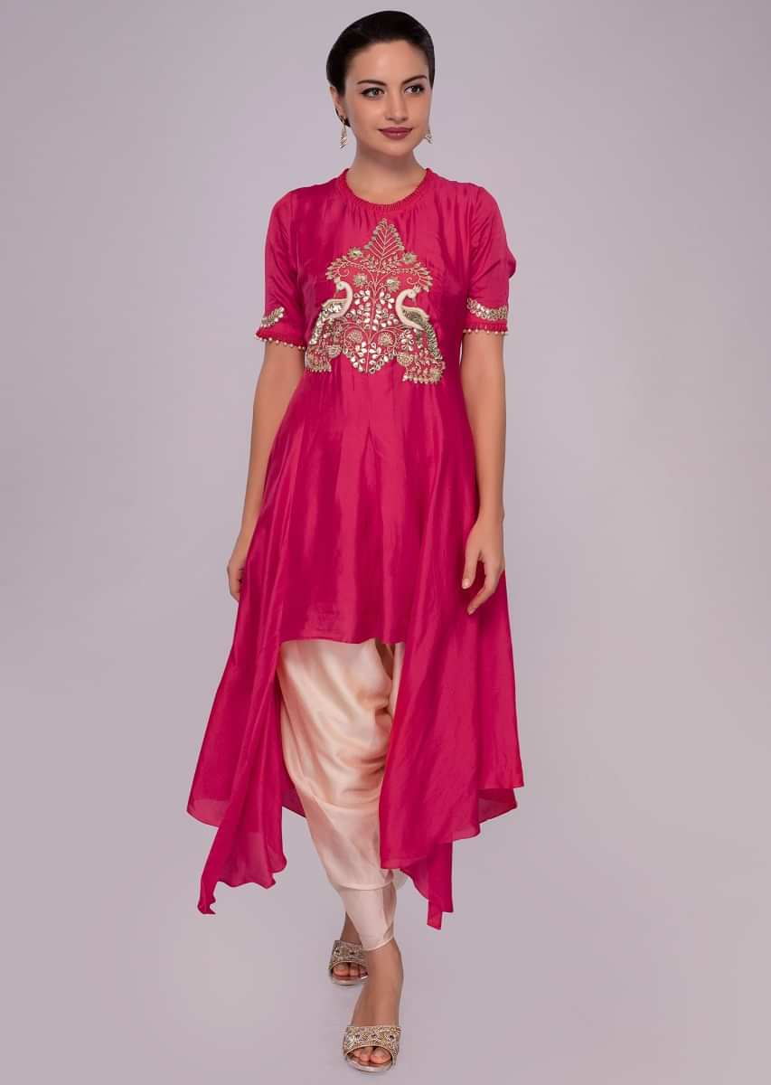 Red fancy silk embroidered suit with cream silk dhoti pant 