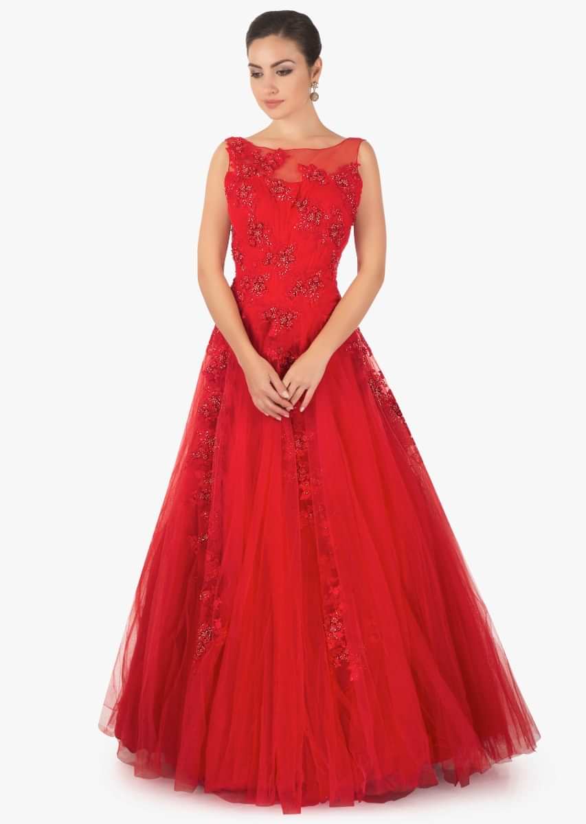 Red Floor Length Gown In Net With Cut Dana And Resham Embriodery Online - Kalki Fashion
