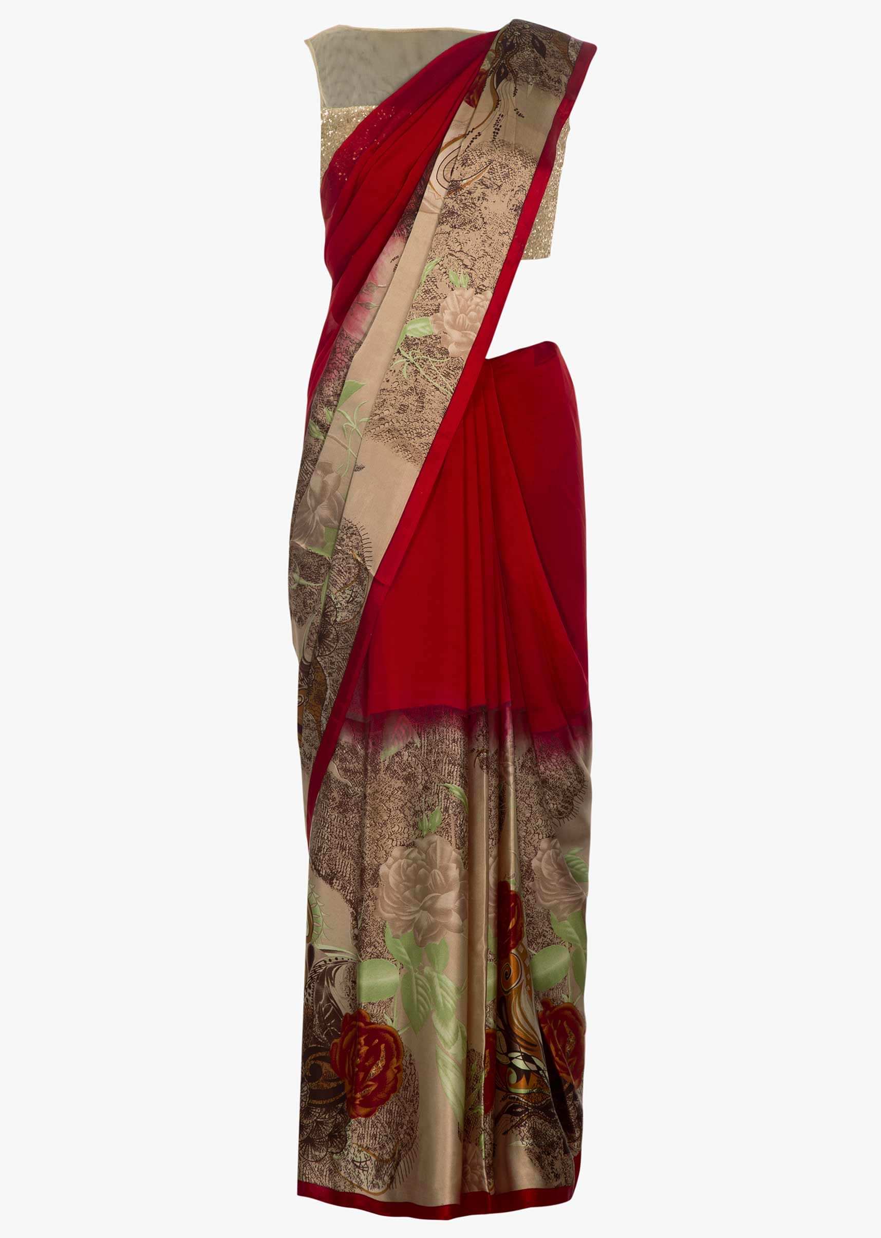 Red georgette plain saree with satin floral printed border